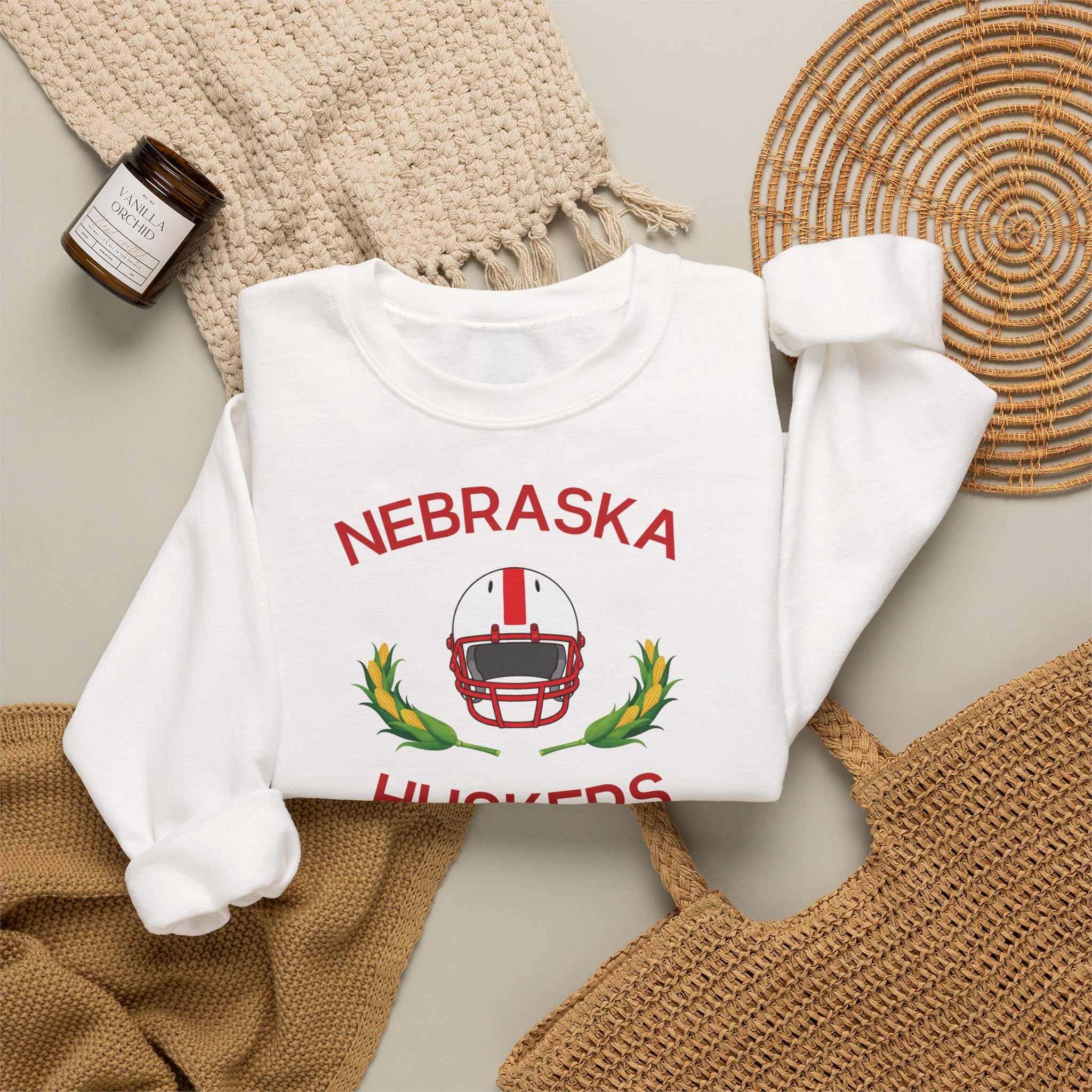 Nebraska Huskers Football Crewneck Sweatshirt – Helmet & Corn Design