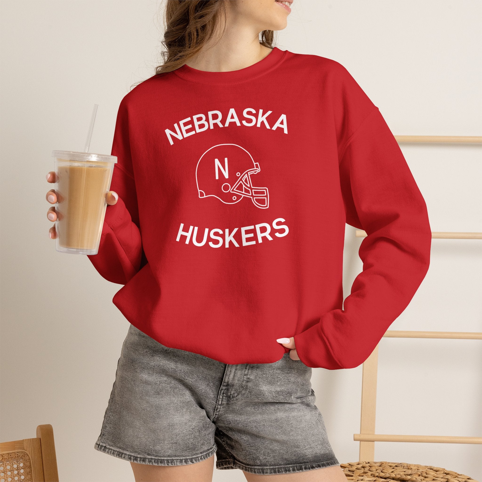 Nebraska Huskers Football Crewneck Sweatshirt — Retro Helmet Design