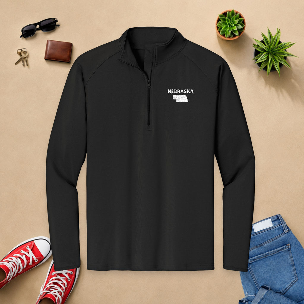 Nebraska State Outline Embroidered Quarter-Zip Pullover - Men's Sport-Wick