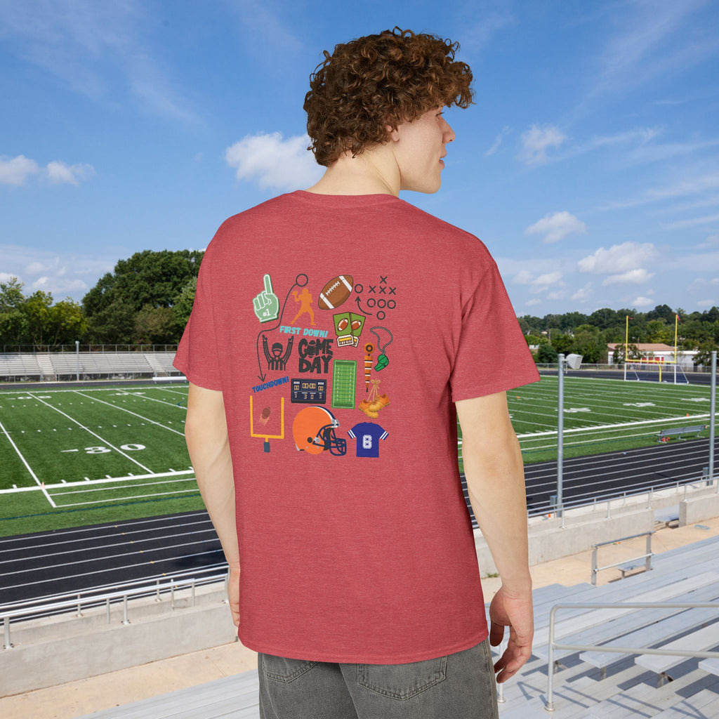 Football Icons Graphic T-Shirt — Back Collage, Front 'Football Fan' Chest Logo