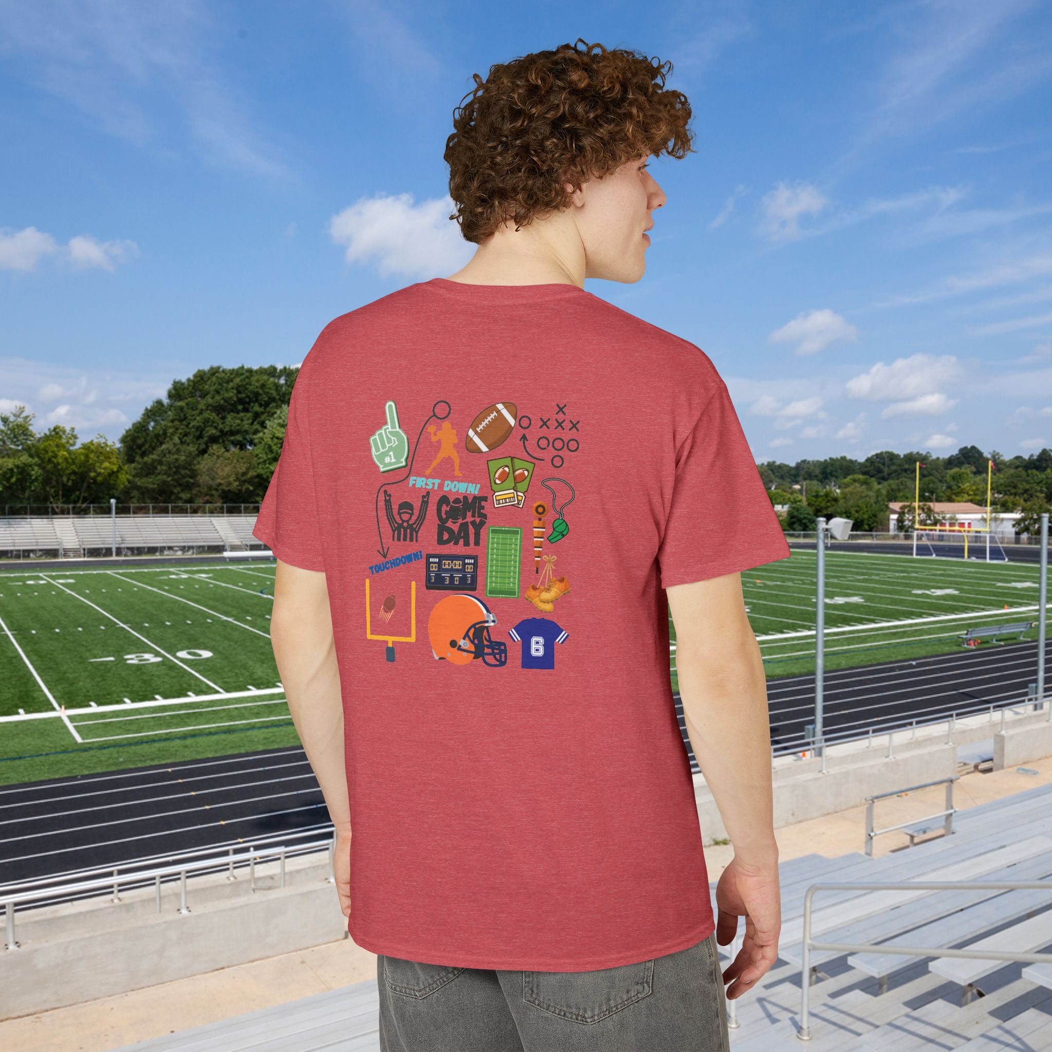 Football Icons Graphic T-Shirt — Back Collage, Front 'Football Fan' Chest Logo