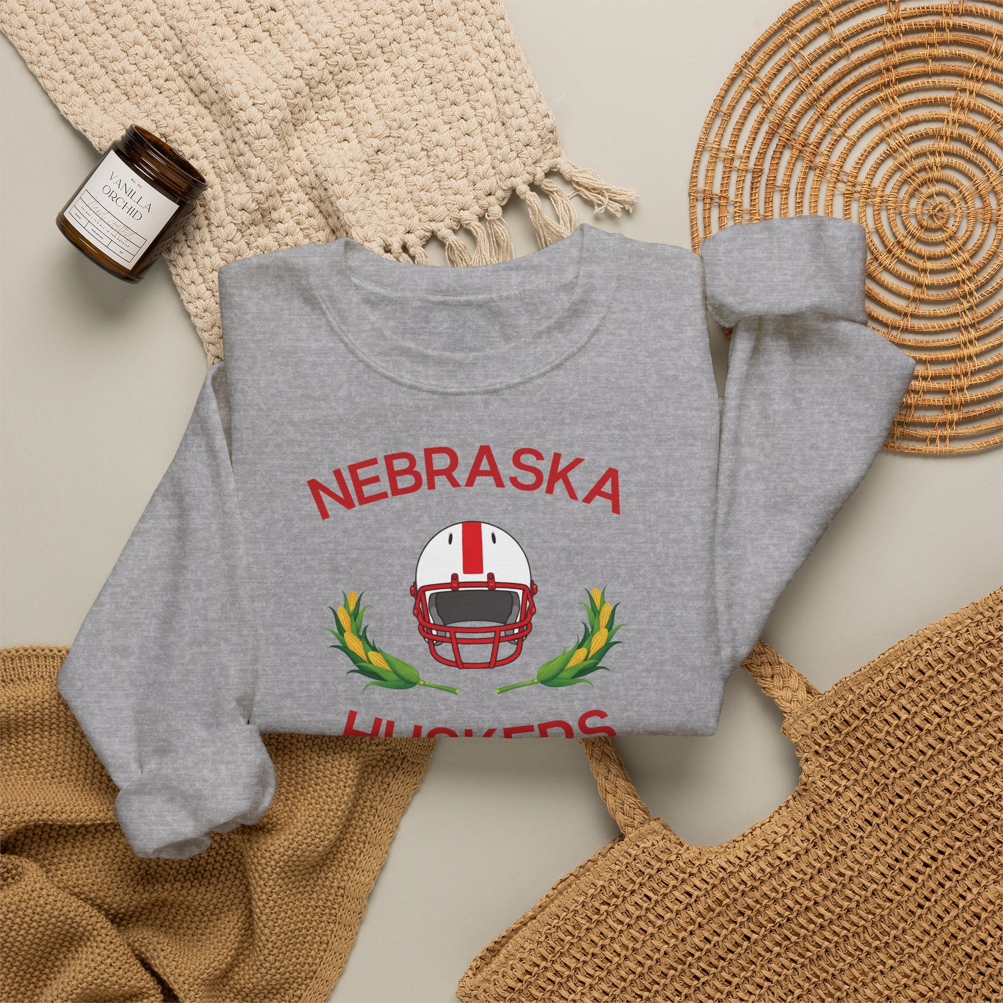 Nebraska Huskers Football Crewneck Sweatshirt – Helmet & Corn Design