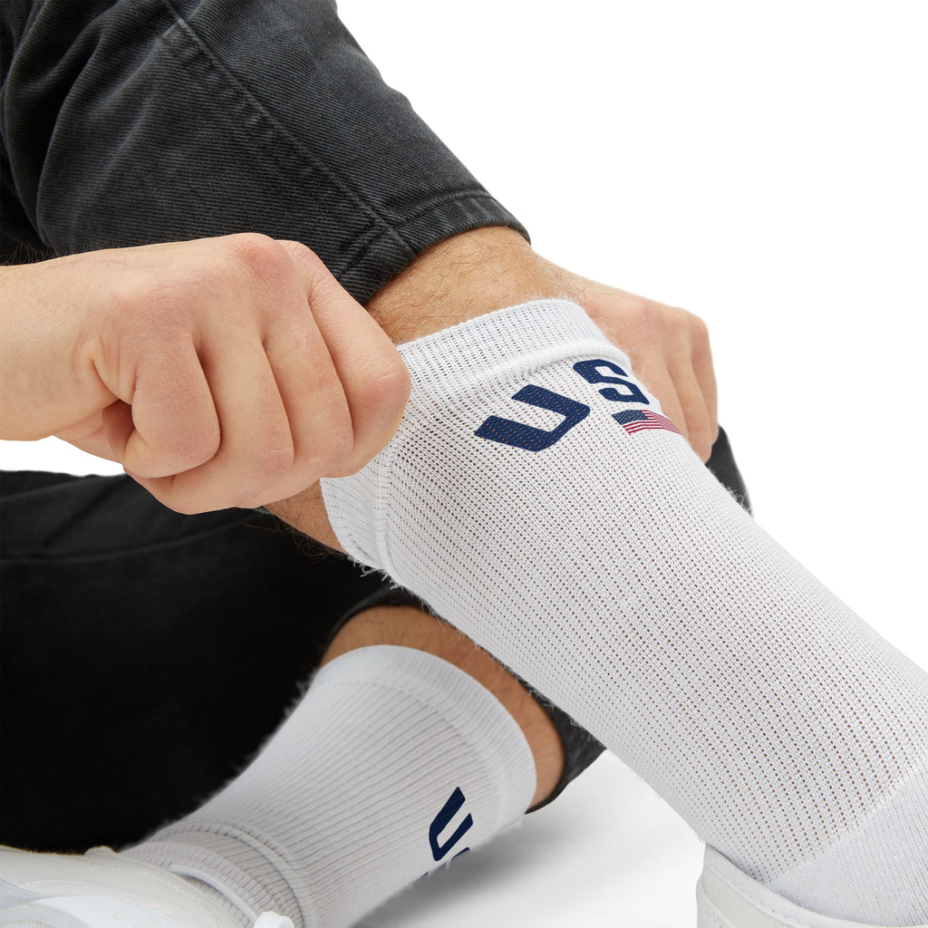 USA Flag Crew Socks | Patriotic Sublimation Socks with "USA" Text