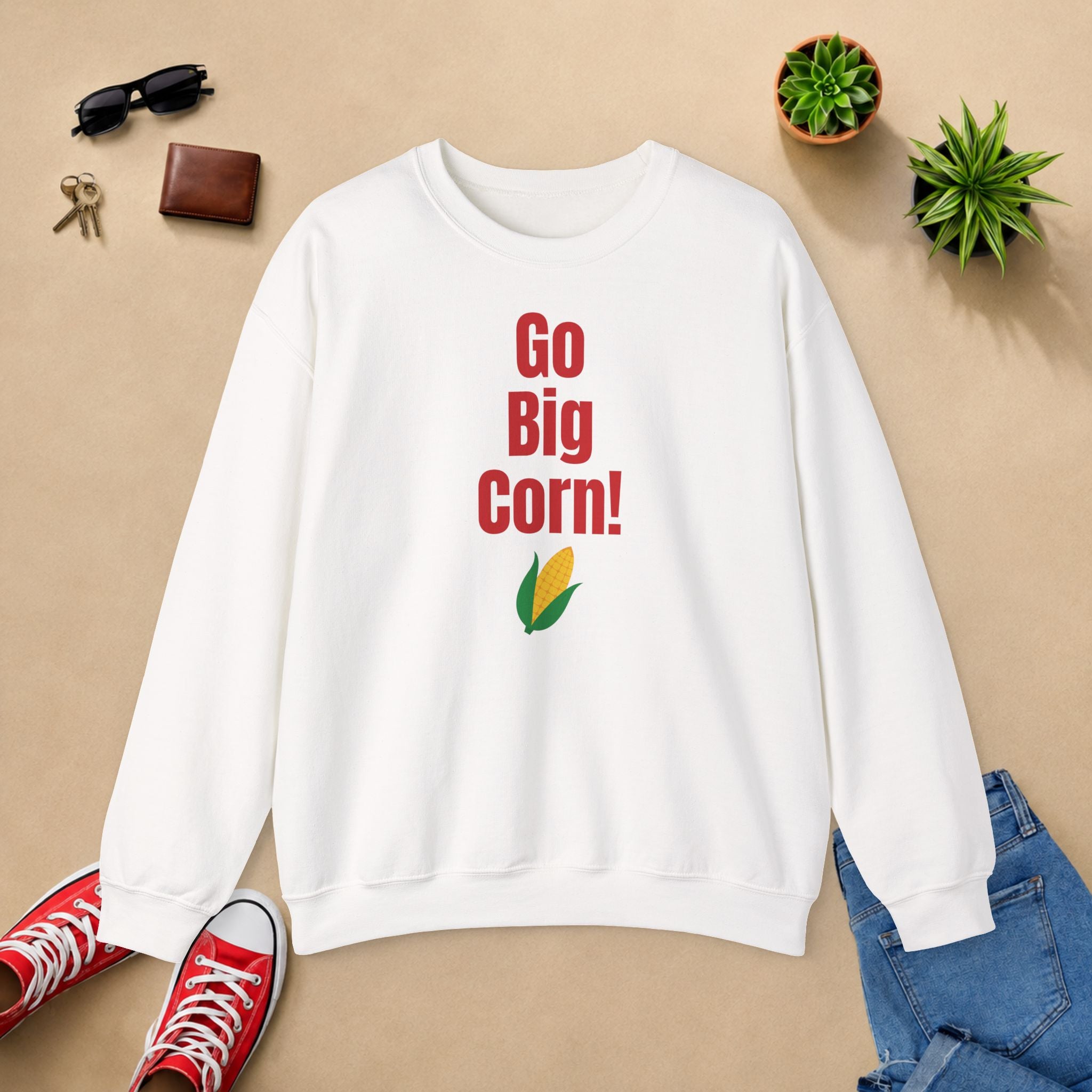 Go Big Corn! Unisex Crewneck Sweatshirt — Funny Corn Graphic Pullover for Corn Lovers & Nebraska Fans
