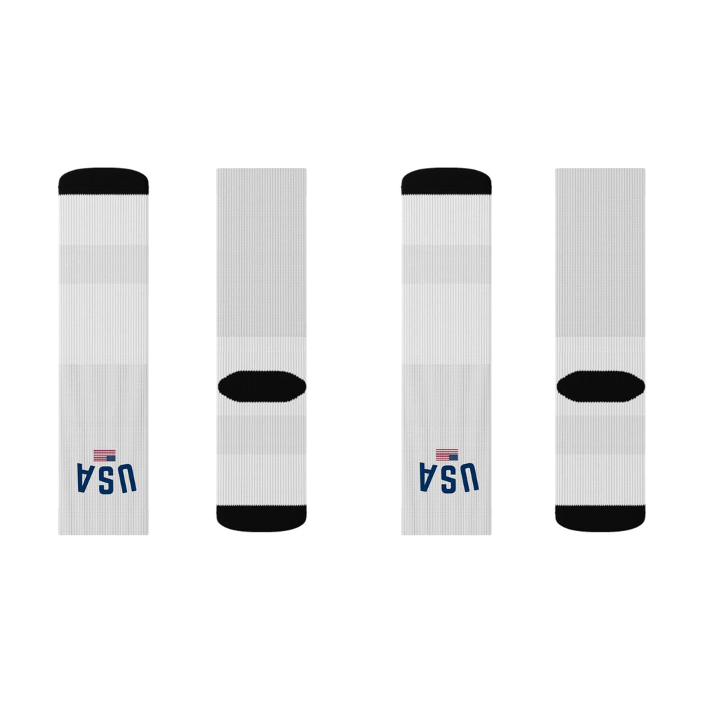 USA Flag Crew Socks | Patriotic Sublimation Socks with "USA" Text