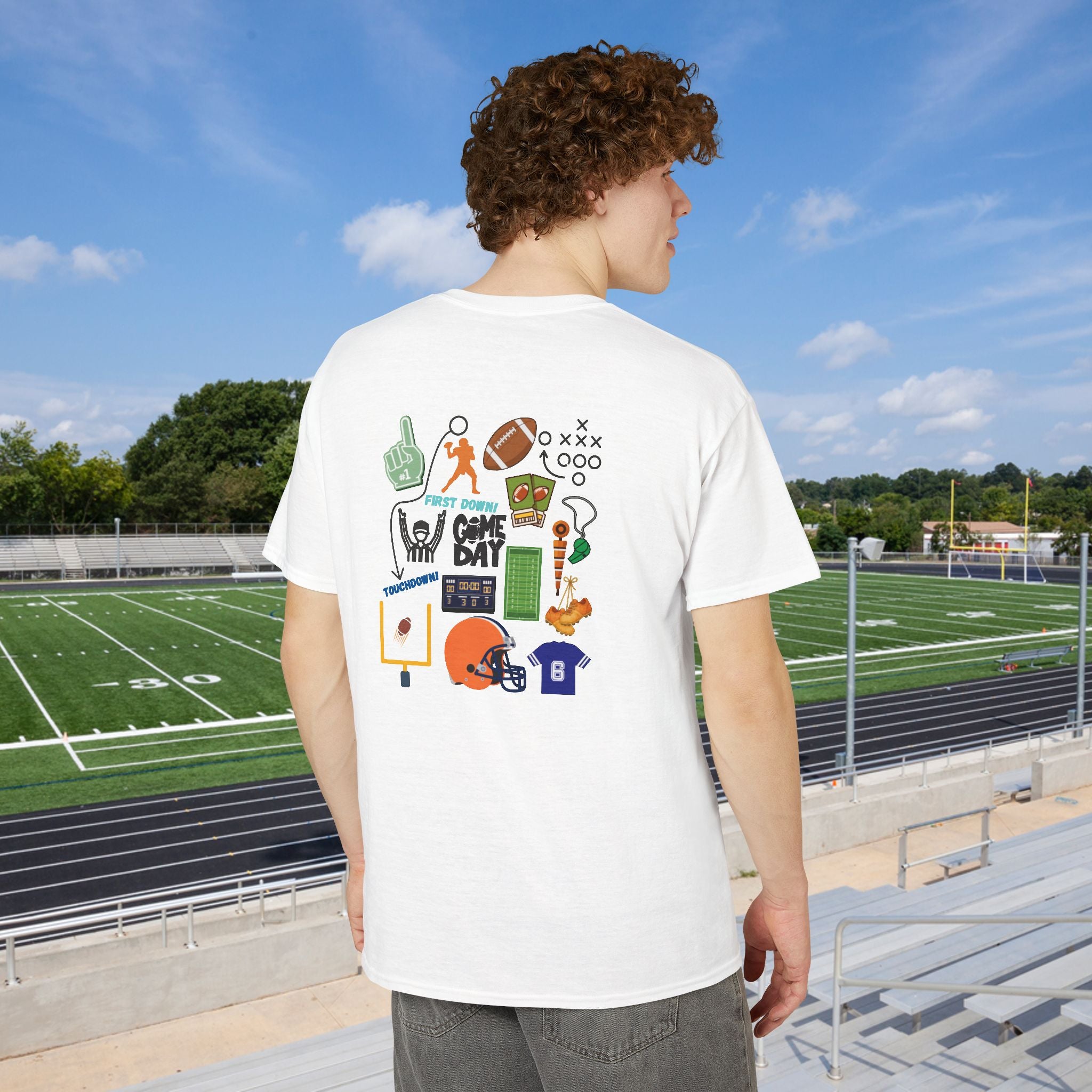 Football Icons Graphic T-Shirt — Back Collage, Front 'Football Fan' Chest Logo