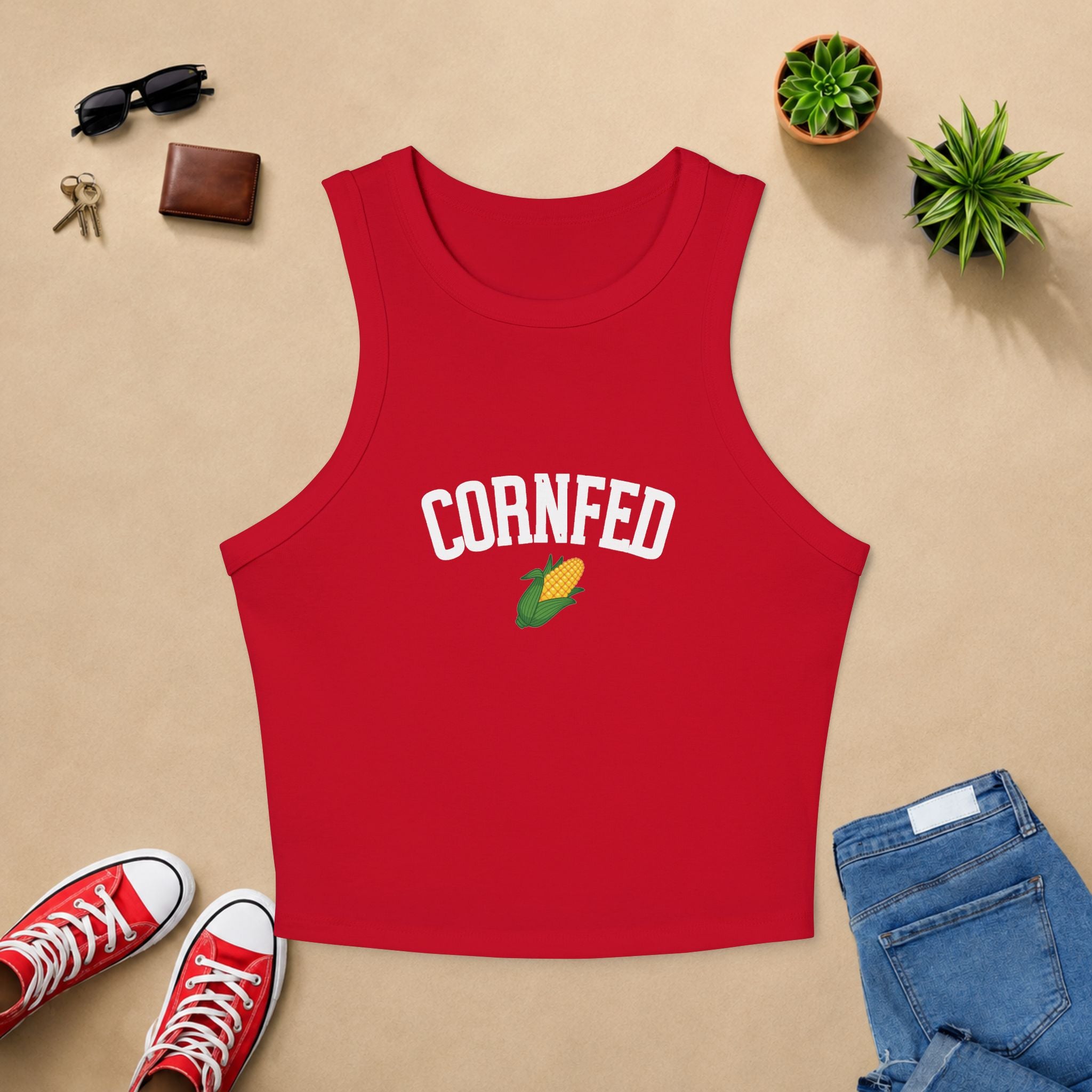 Cornfed Racer Tank Top – Retro Corn Graphic Crop Tank for Women