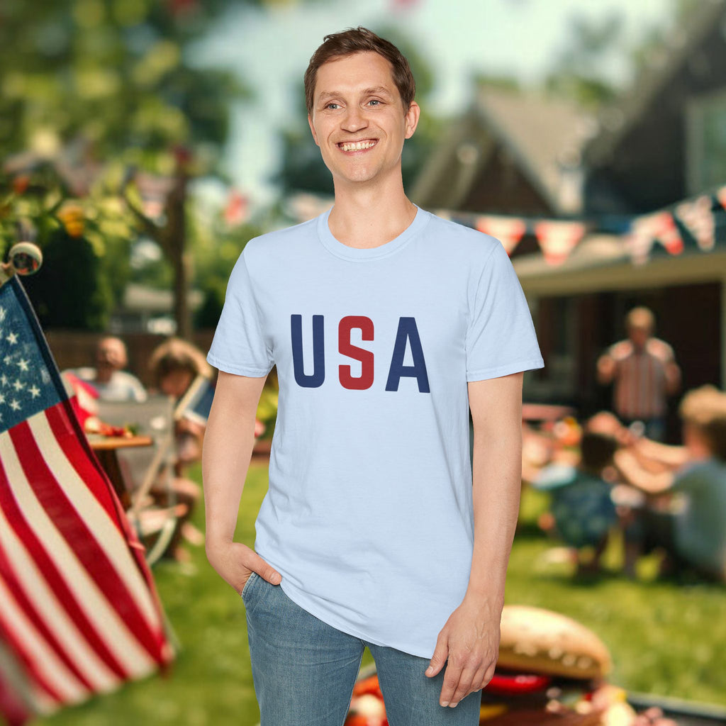 USA Flag Retro T-Shirt — Patriotic Red & Blue Crew Tee for 4th of July