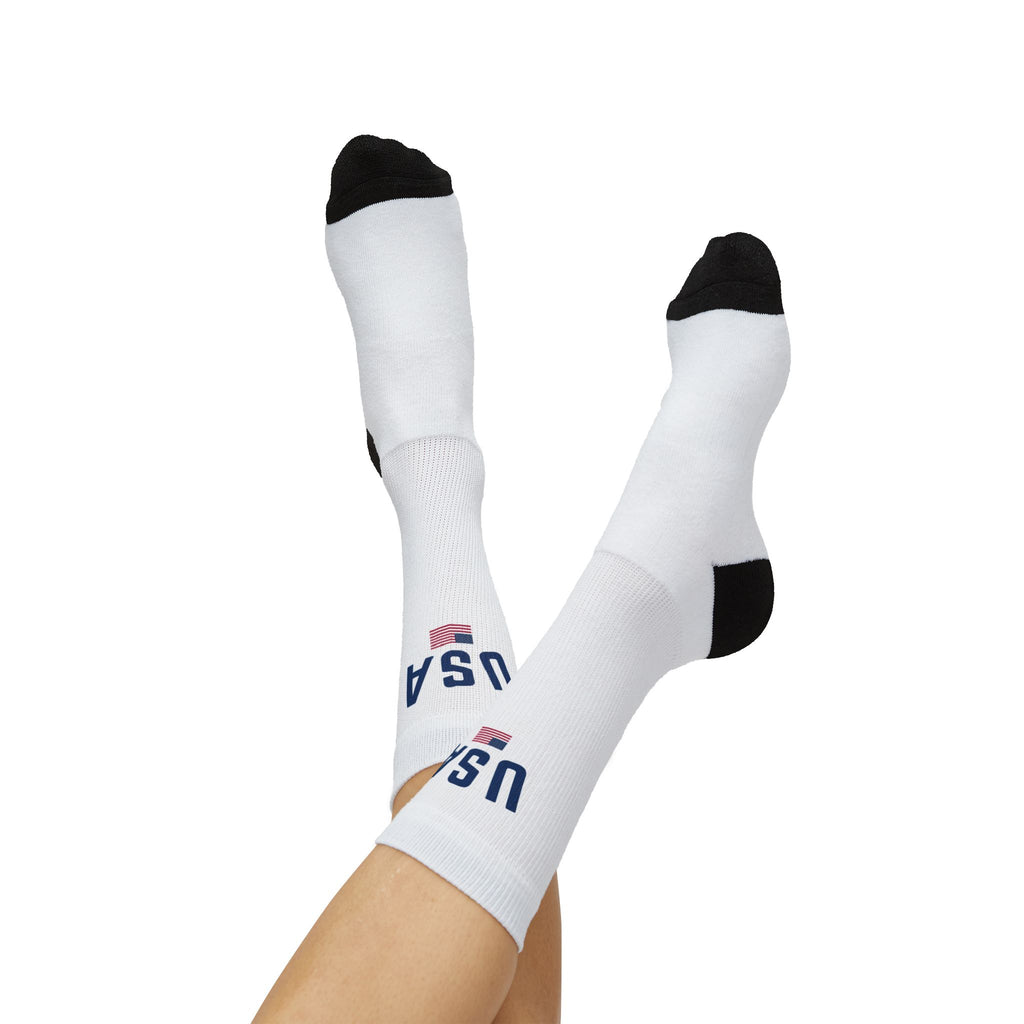 USA Flag Crew Socks | Patriotic Sublimation Socks with "USA" Text