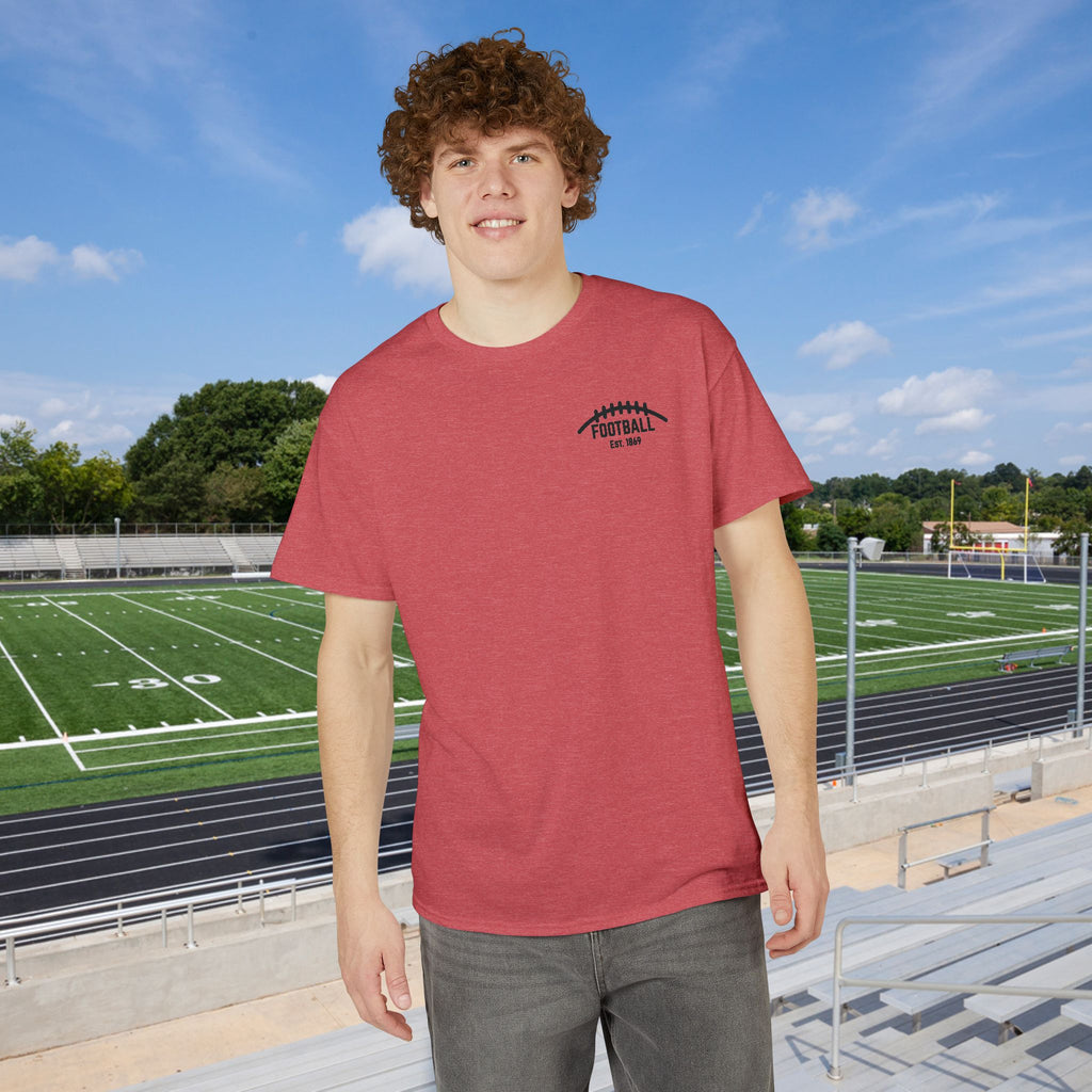 Football Icons Graphic T-Shirt — Back Collage, Front 'Football Fan' Chest Logo