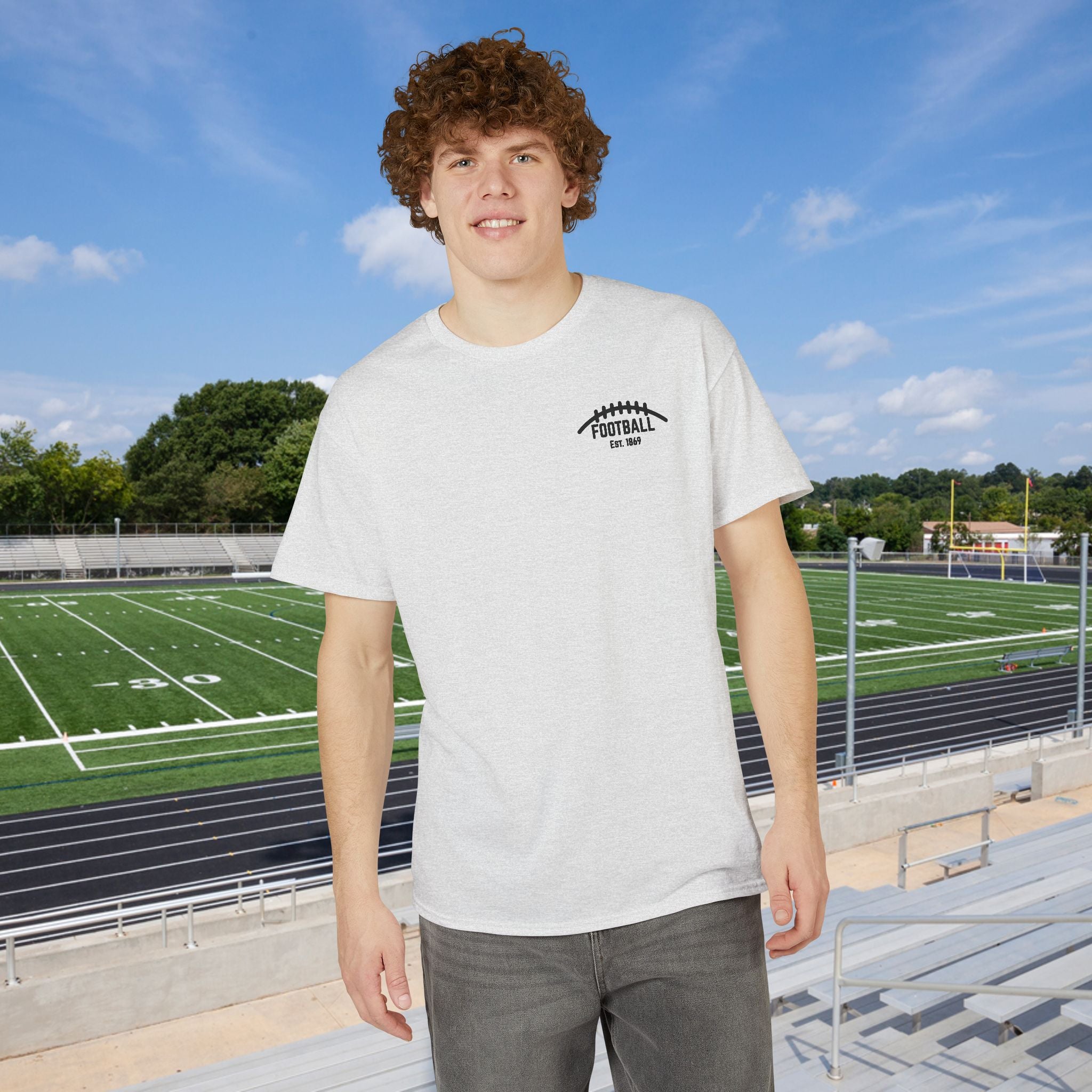 Football Icons Graphic T-Shirt — Back Collage, Front 'Football Fan' Chest Logo