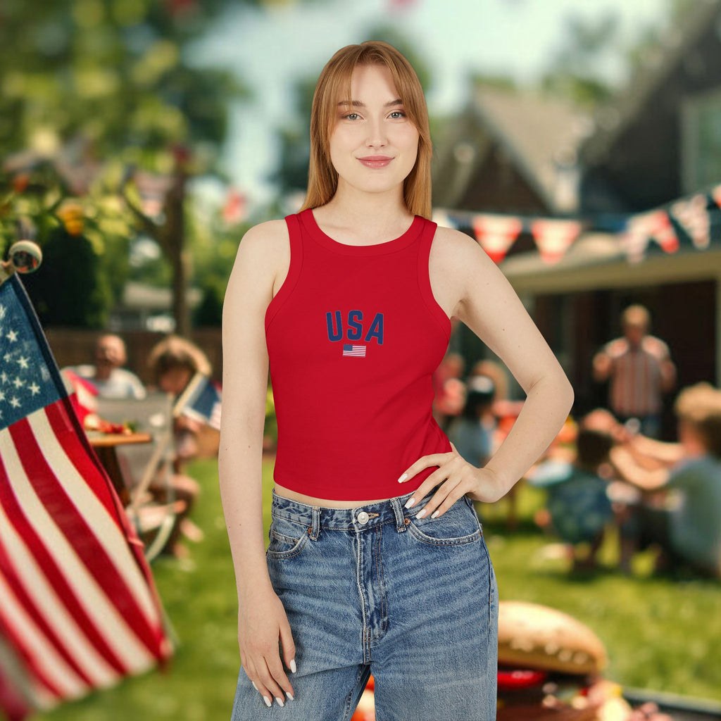 USA Flag Racer Tank Top — Patriotic Women’s Crop Tank for 4th of July