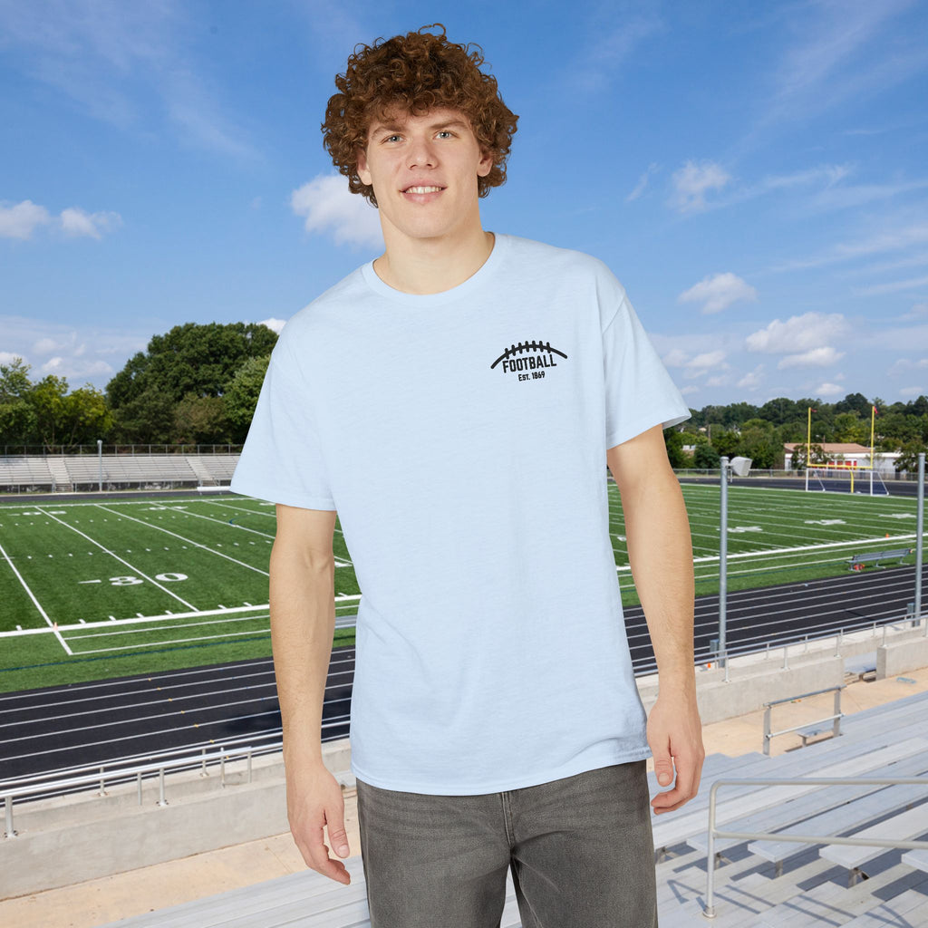 Football Icons Graphic T-Shirt — Back Collage, Front 'Football Fan' Chest Logo