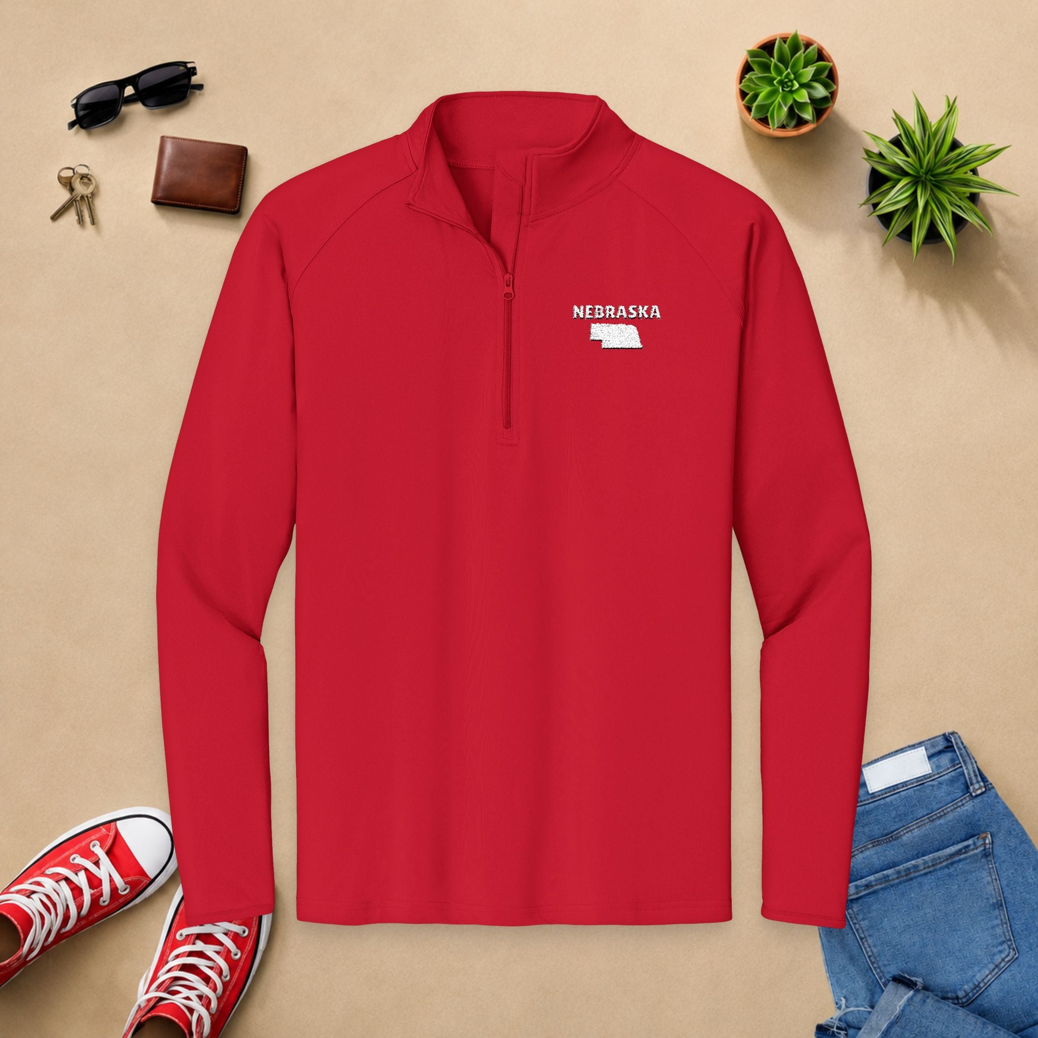 Nebraska State Outline Embroidered Quarter-Zip Pullover - Men's Sport-Wick