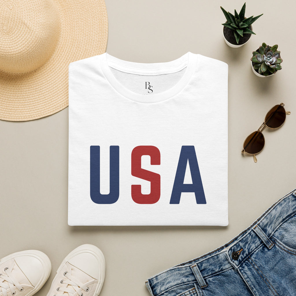 USA Flag Retro T-Shirt — Patriotic Red & Blue Crew Tee for 4th of July