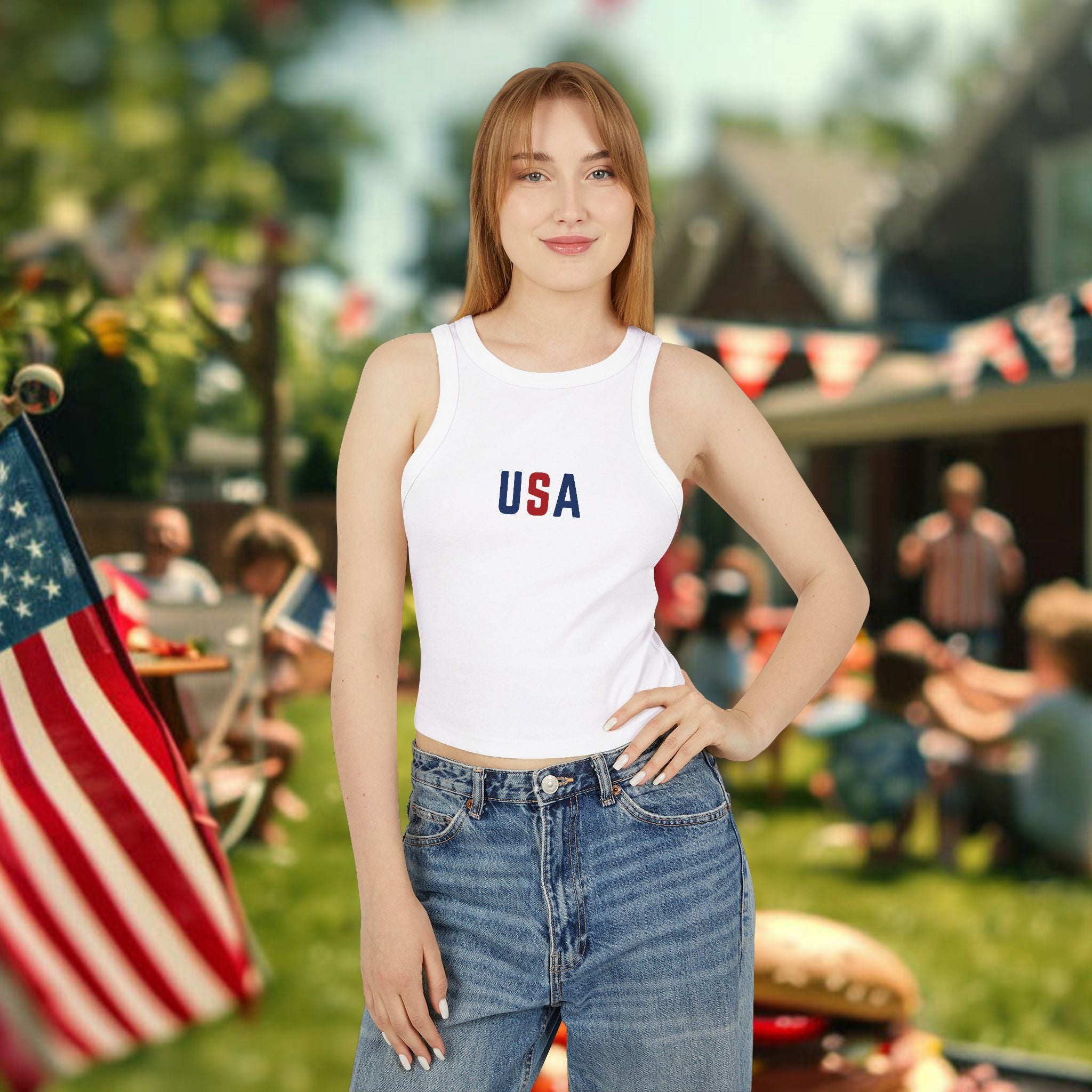 USA Racerback Tank Top — Women's Patriotic Micro Rib Crop