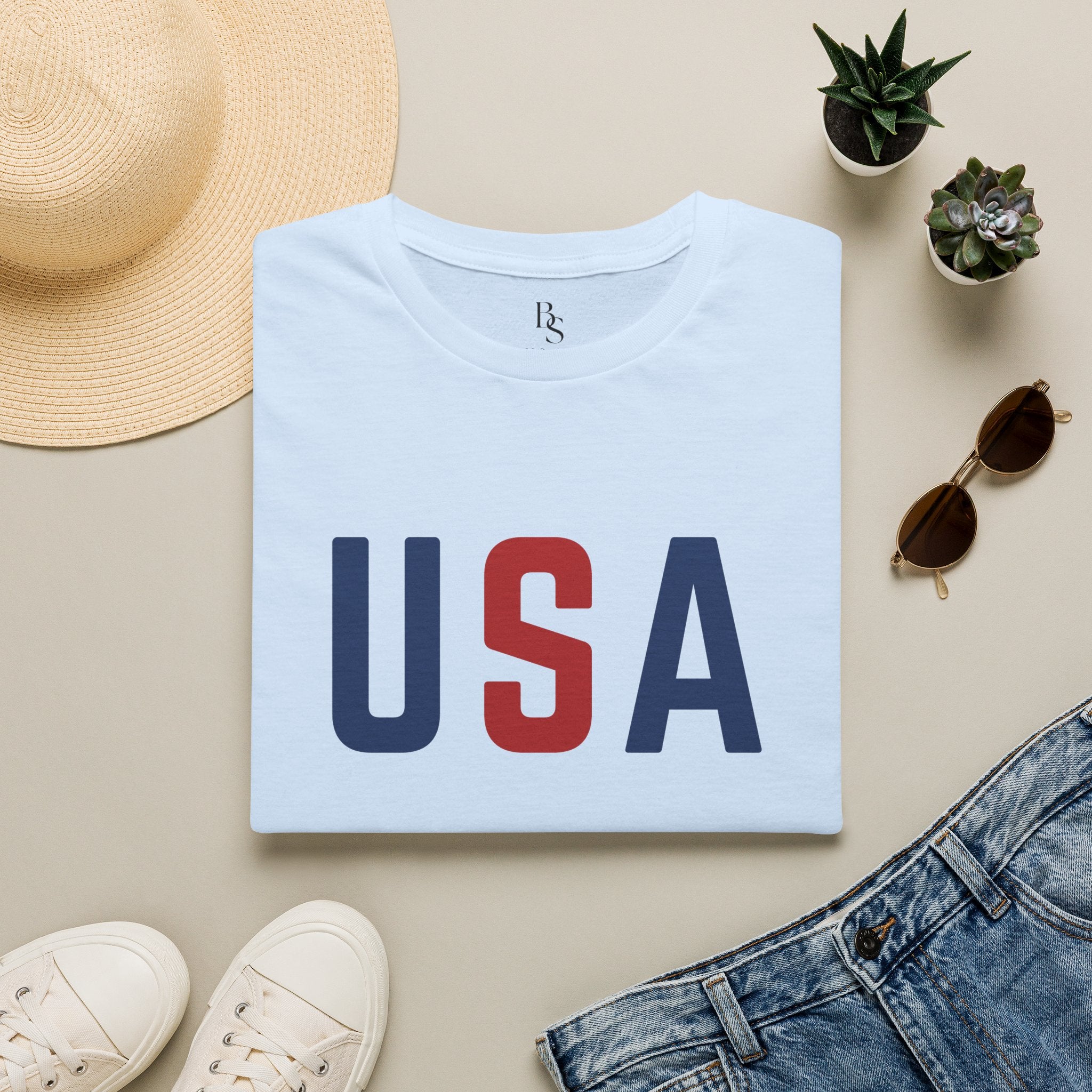 USA Flag Retro T-Shirt — Patriotic Red & Blue Crew Tee for 4th of July