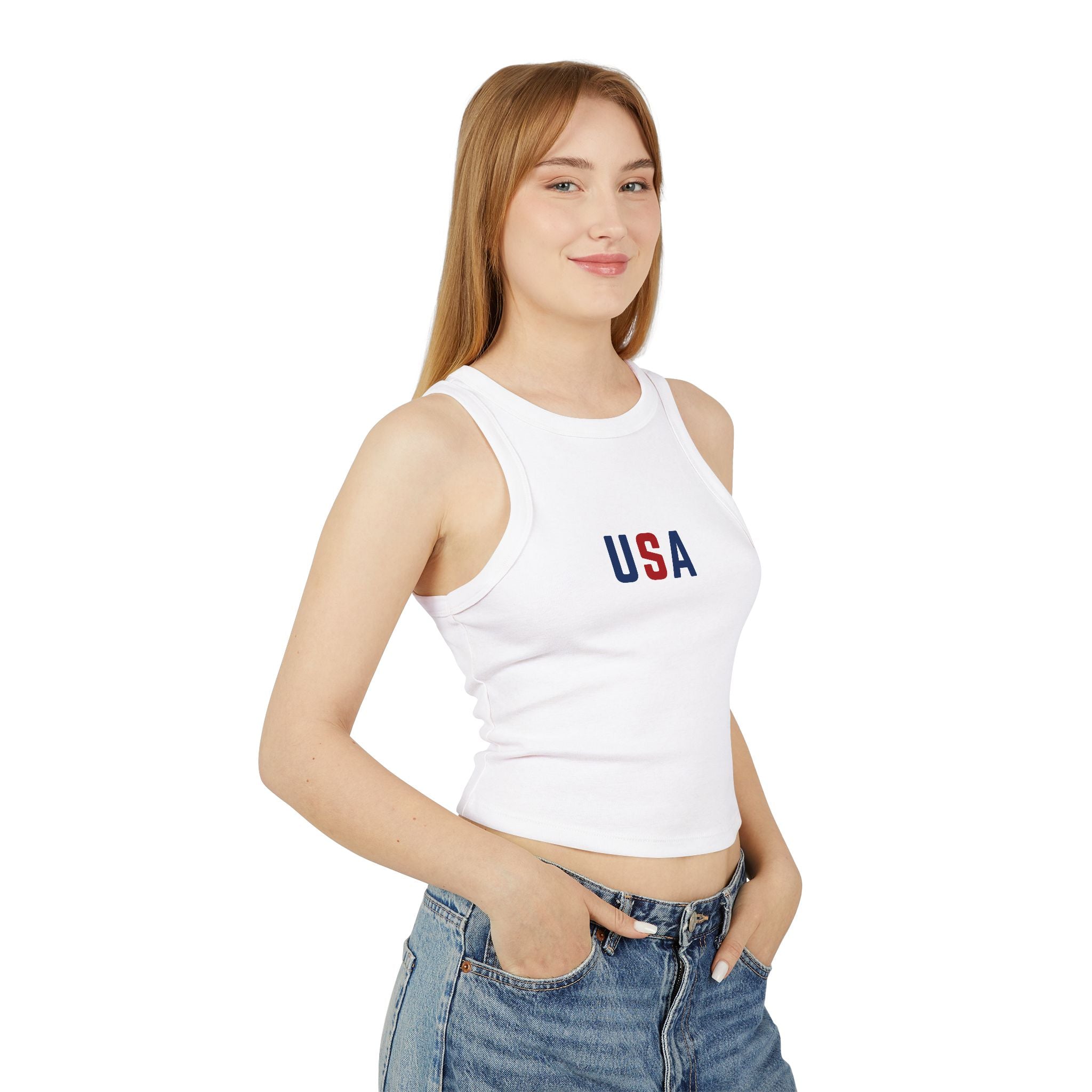 USA Racerback Tank Top — Women's Patriotic Micro Rib Crop