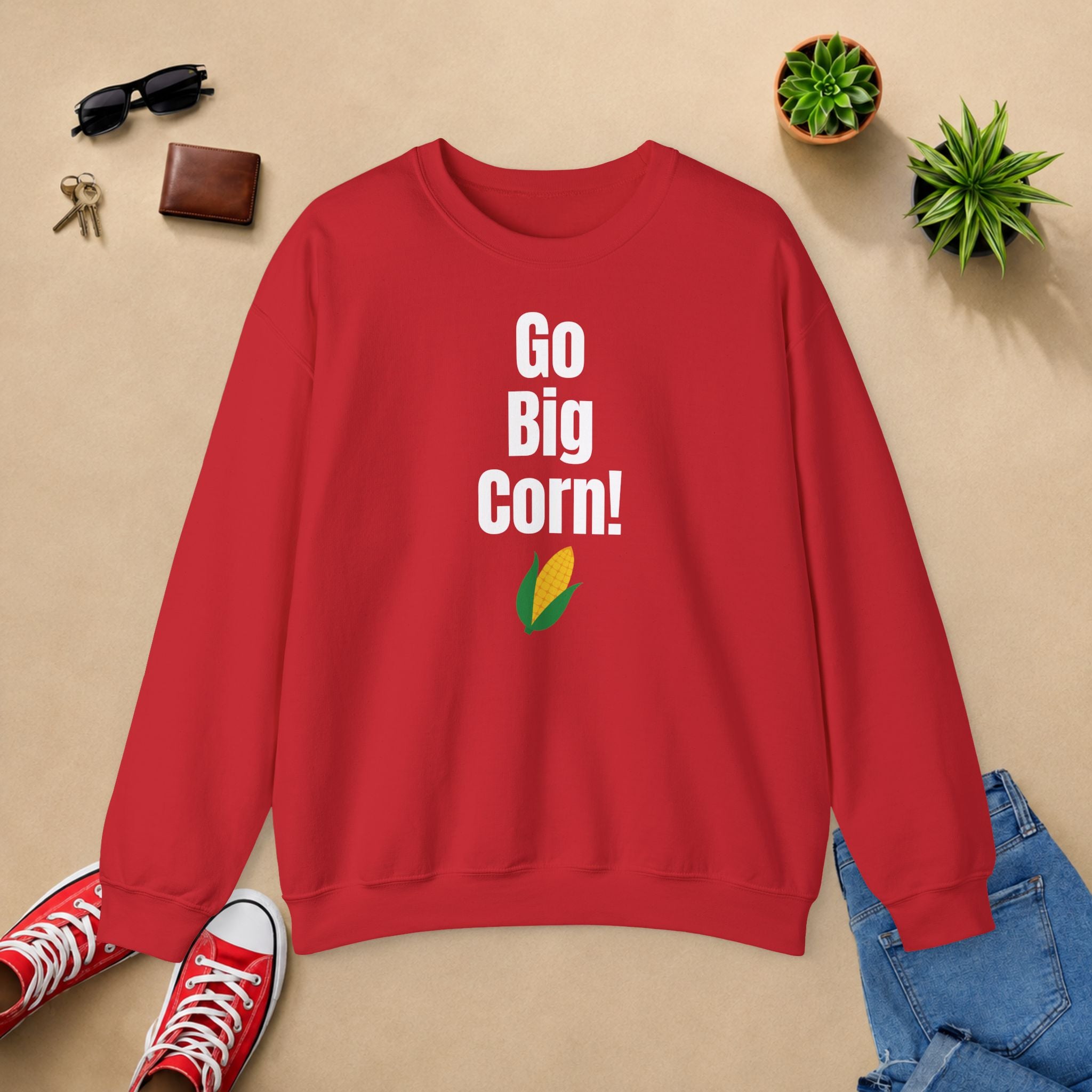 Go Big Corn! Unisex Crewneck Sweatshirt — Funny Corn Graphic Pullover for Corn Lovers & Nebraska Fans