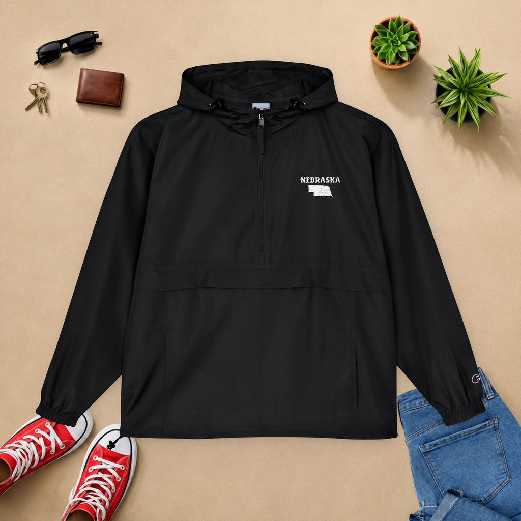 Nebraska Outline Packable Anorak Jacket — Minimal White Logo Windbreaker
