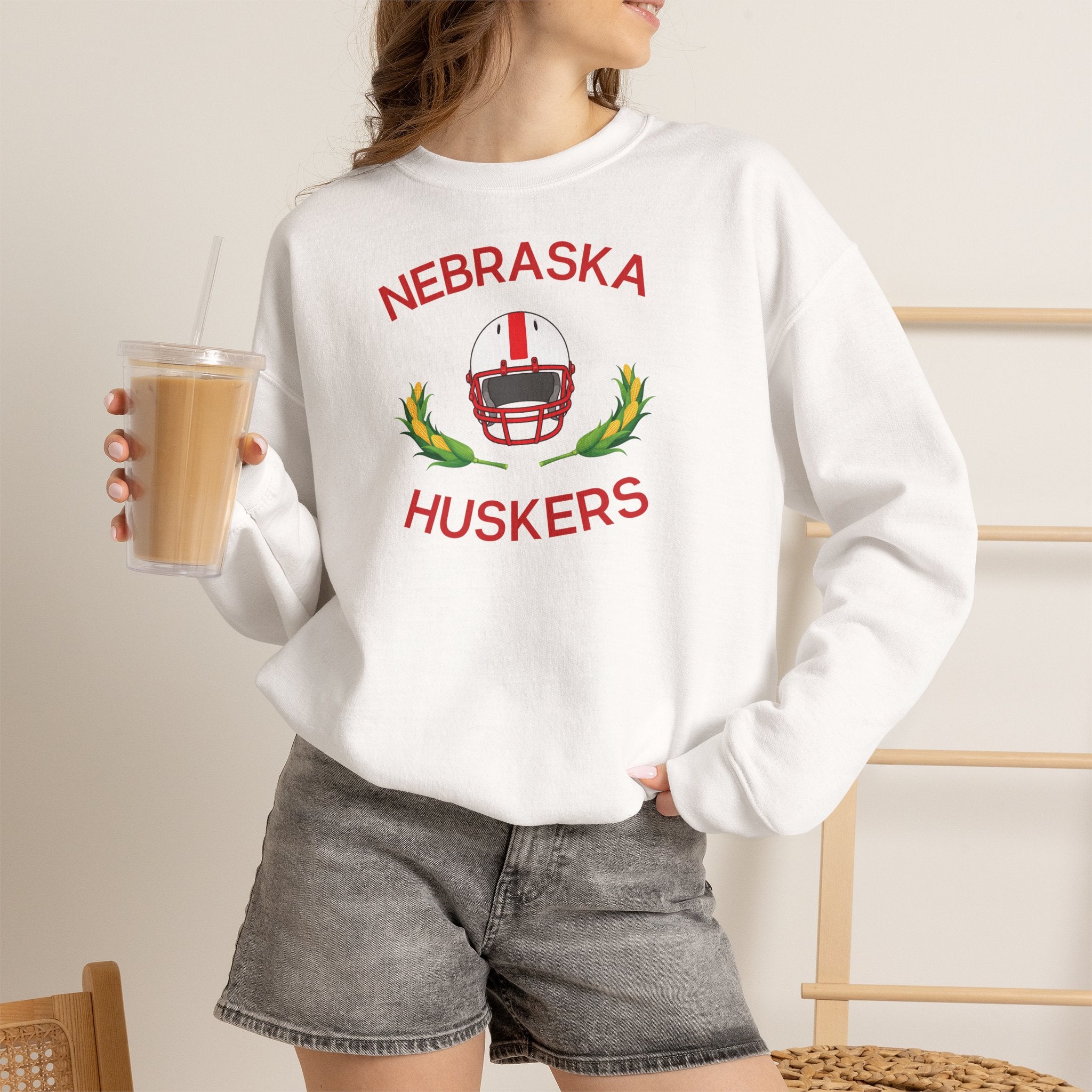 Nebraska Huskers Football Crewneck Sweatshirt – Helmet & Corn Design