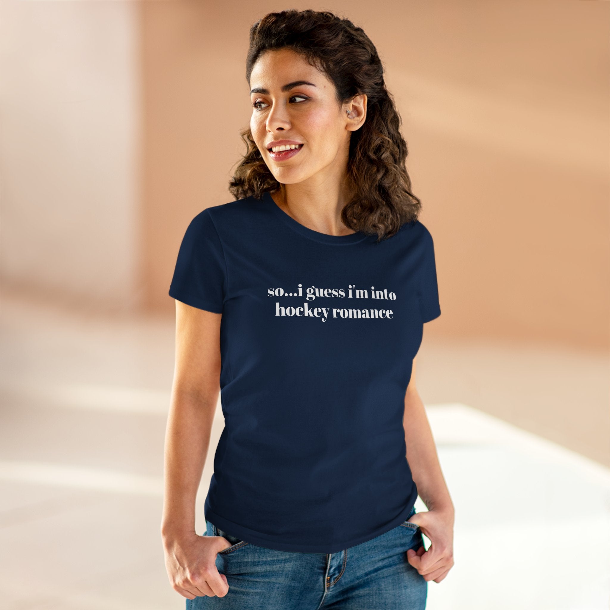 Women's Tee — "so... i guess i'm into hockey romance" Funny Hockey Fan Shirt