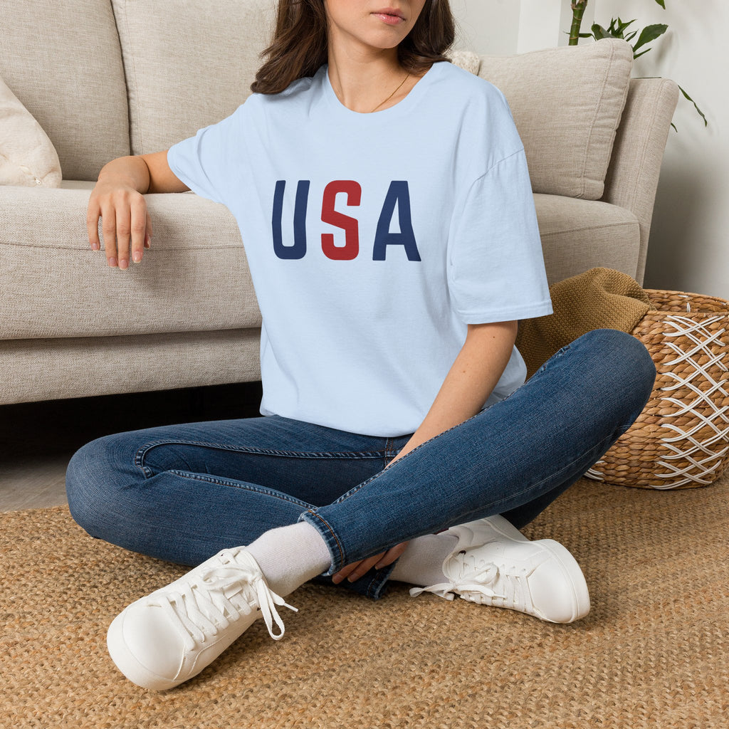 USA Flag Retro T-Shirt — Patriotic Red & Blue Crew Tee for 4th of July