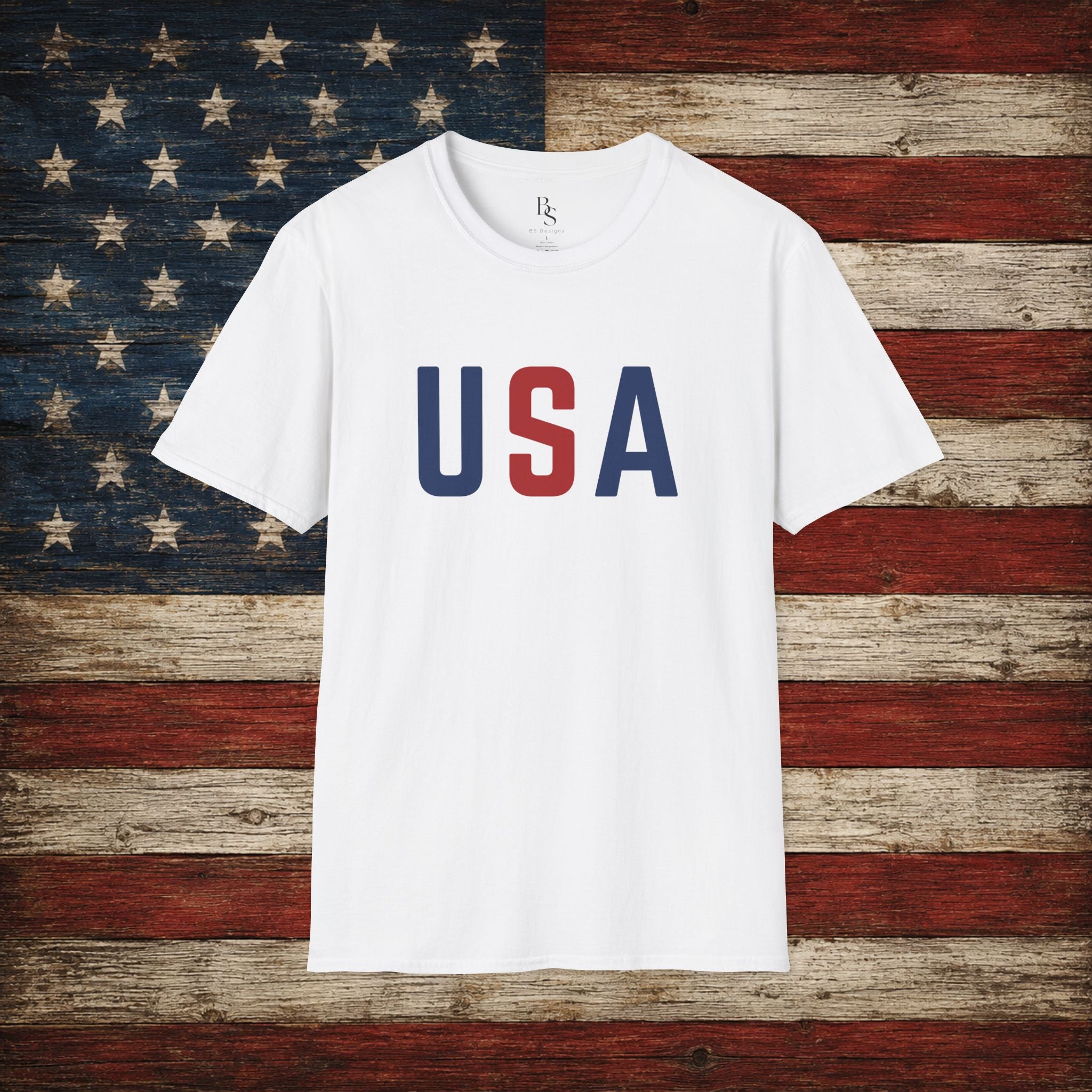 USA Flag Retro T-Shirt — Patriotic Red & Blue Crew Tee for 4th of July