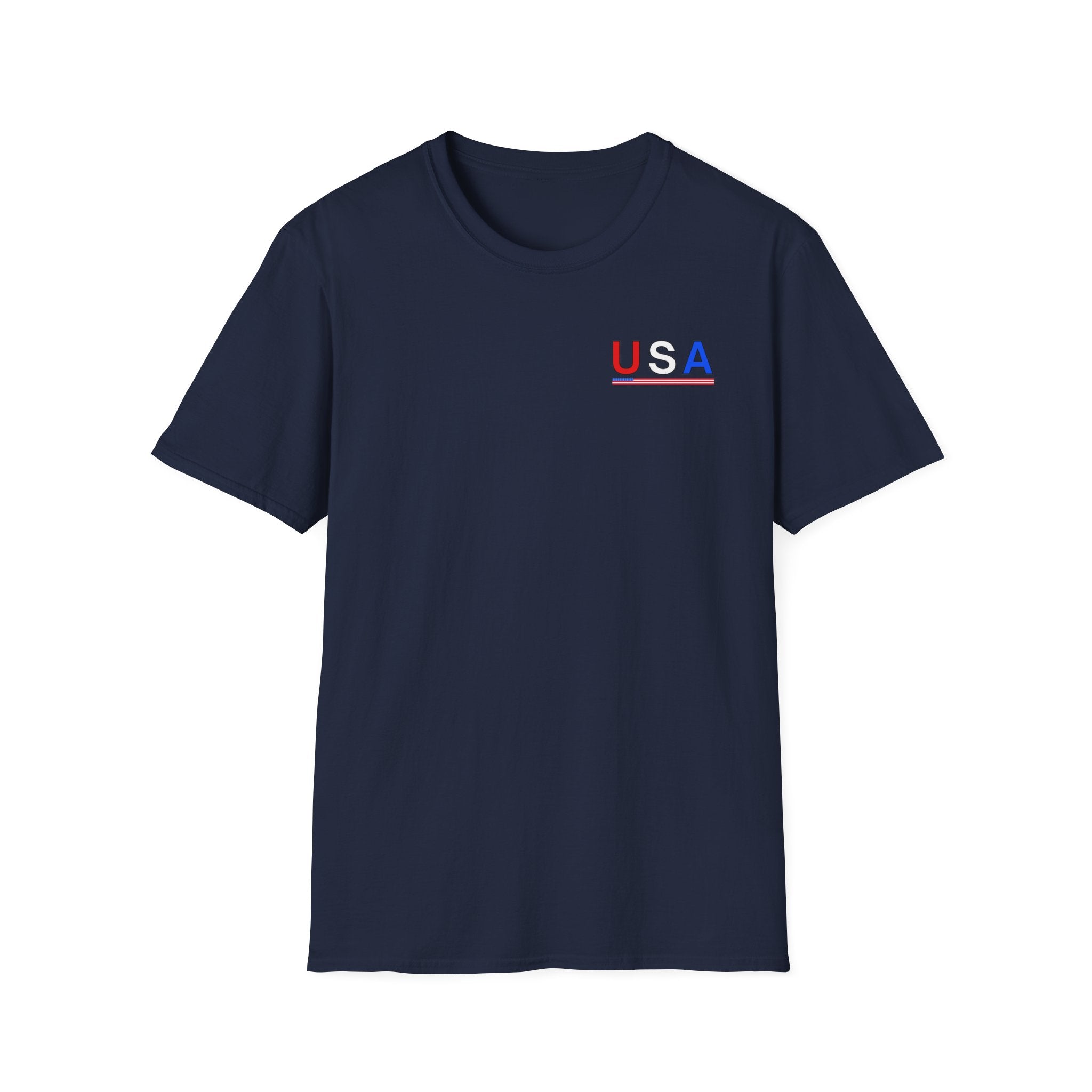USA Minimalist Flag T-Shirt — Small Chest Logo, Patriotic 4th of July Tee