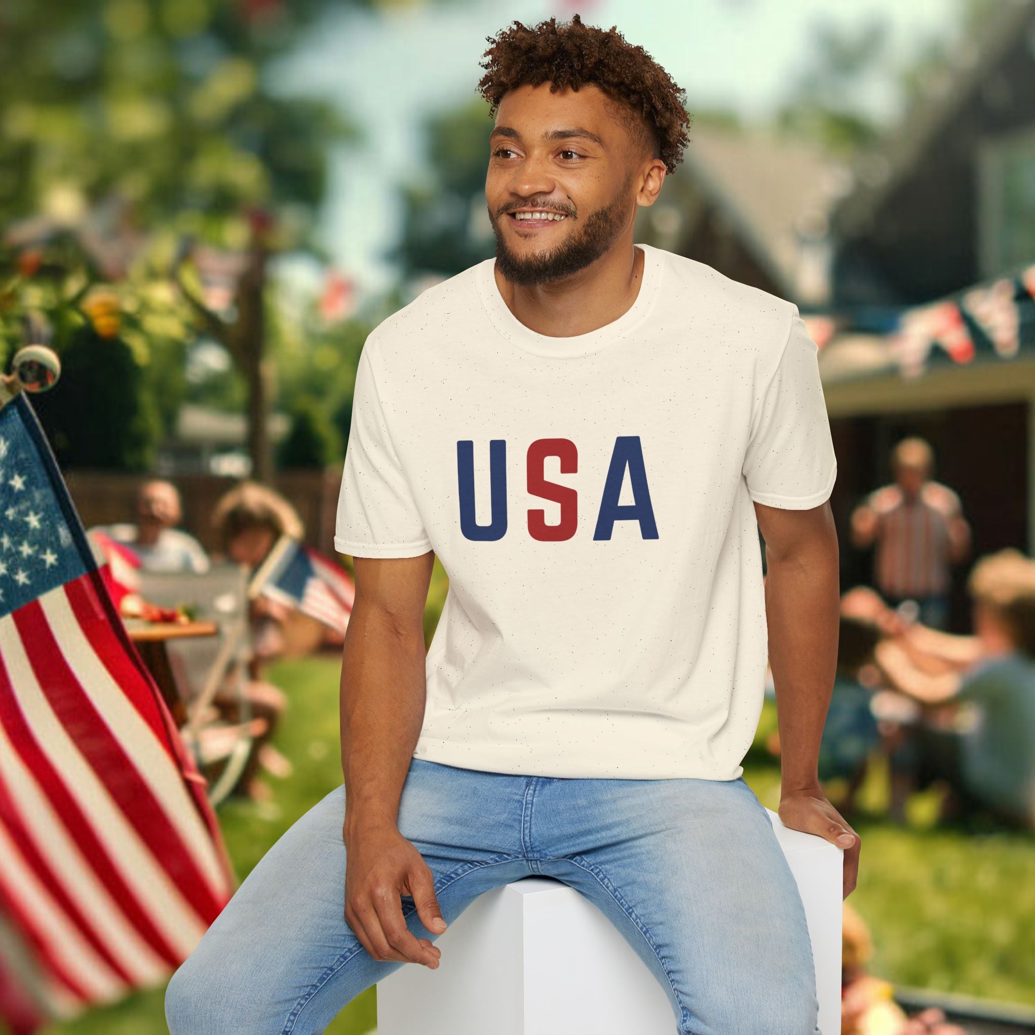 USA Flag Retro T-Shirt — Patriotic Red & Blue Crew Tee for 4th of July