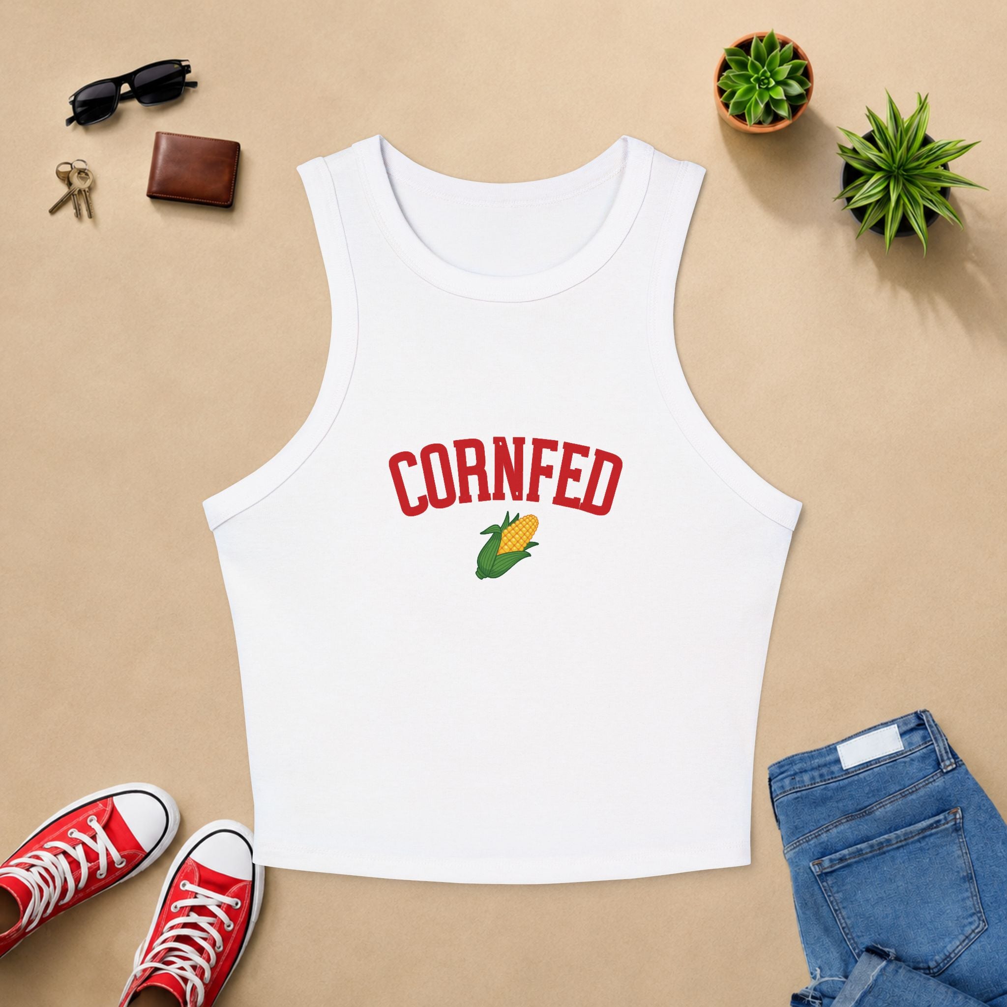 Cornfed Racer Tank Top – Retro Corn Graphic Crop Tank for Women