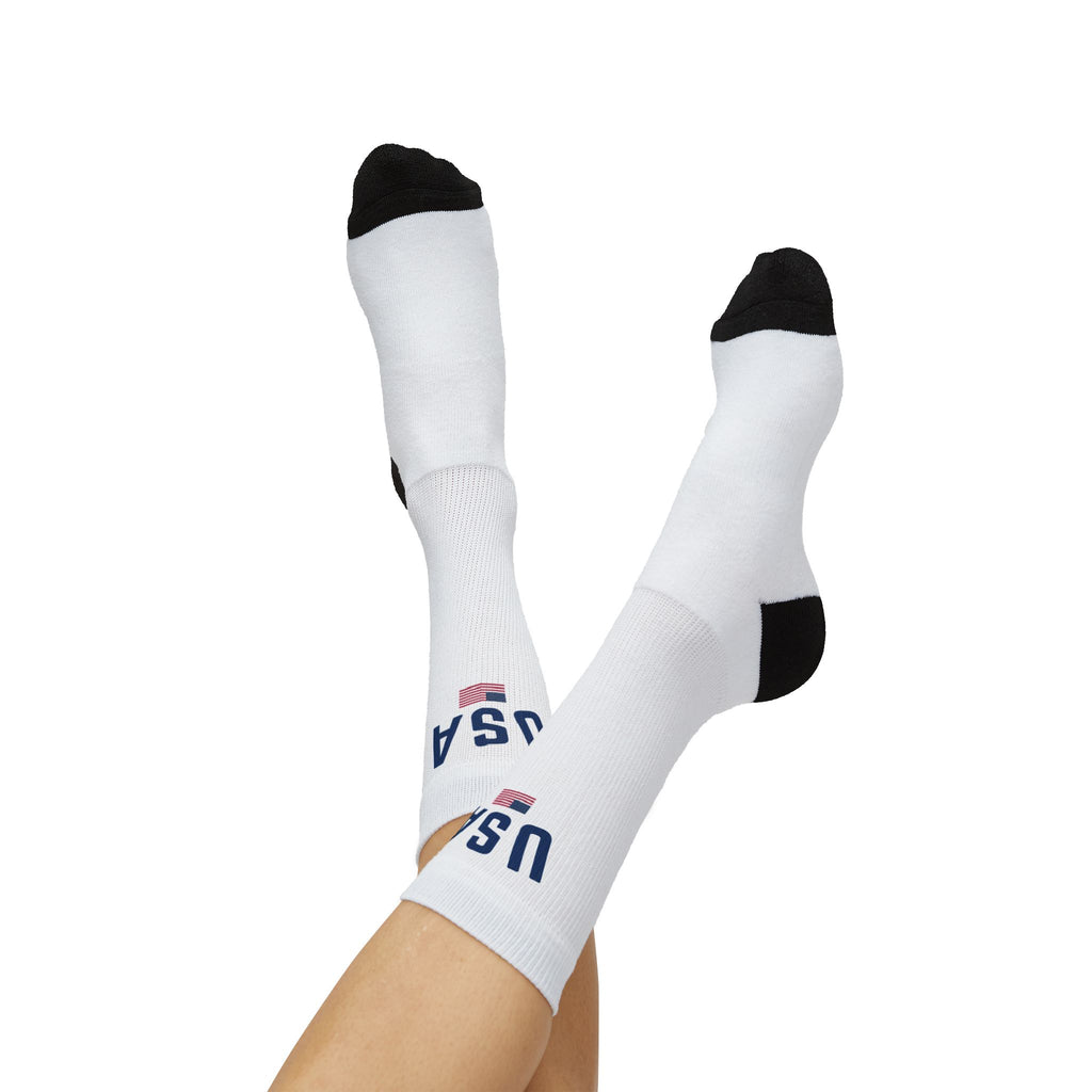 USA Flag Crew Socks | Patriotic Sublimation Socks with "USA" Text