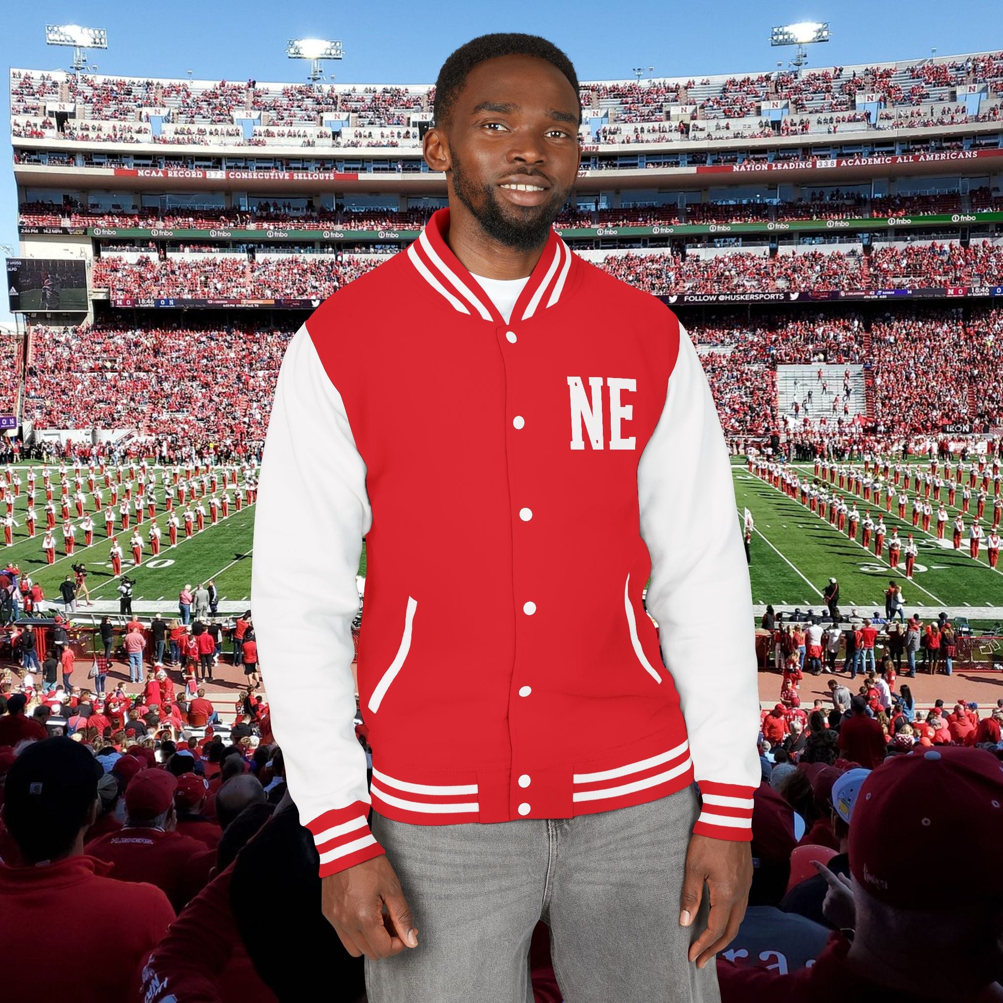 Nebraska Huskers Letterman Jacket - 'NE' Varsity Red & White Football Jacket