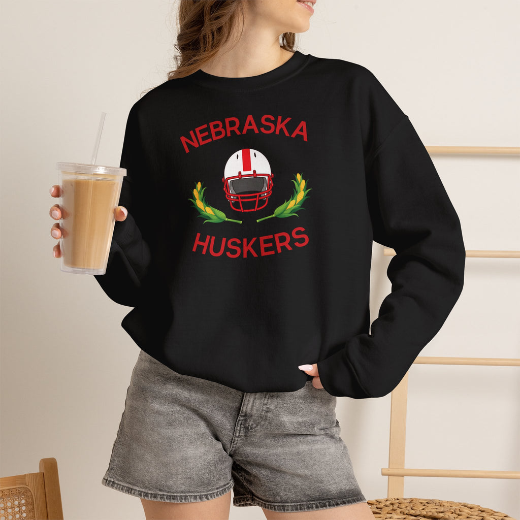 Nebraska Huskers Football Crewneck Sweatshirt – Helmet & Corn Design