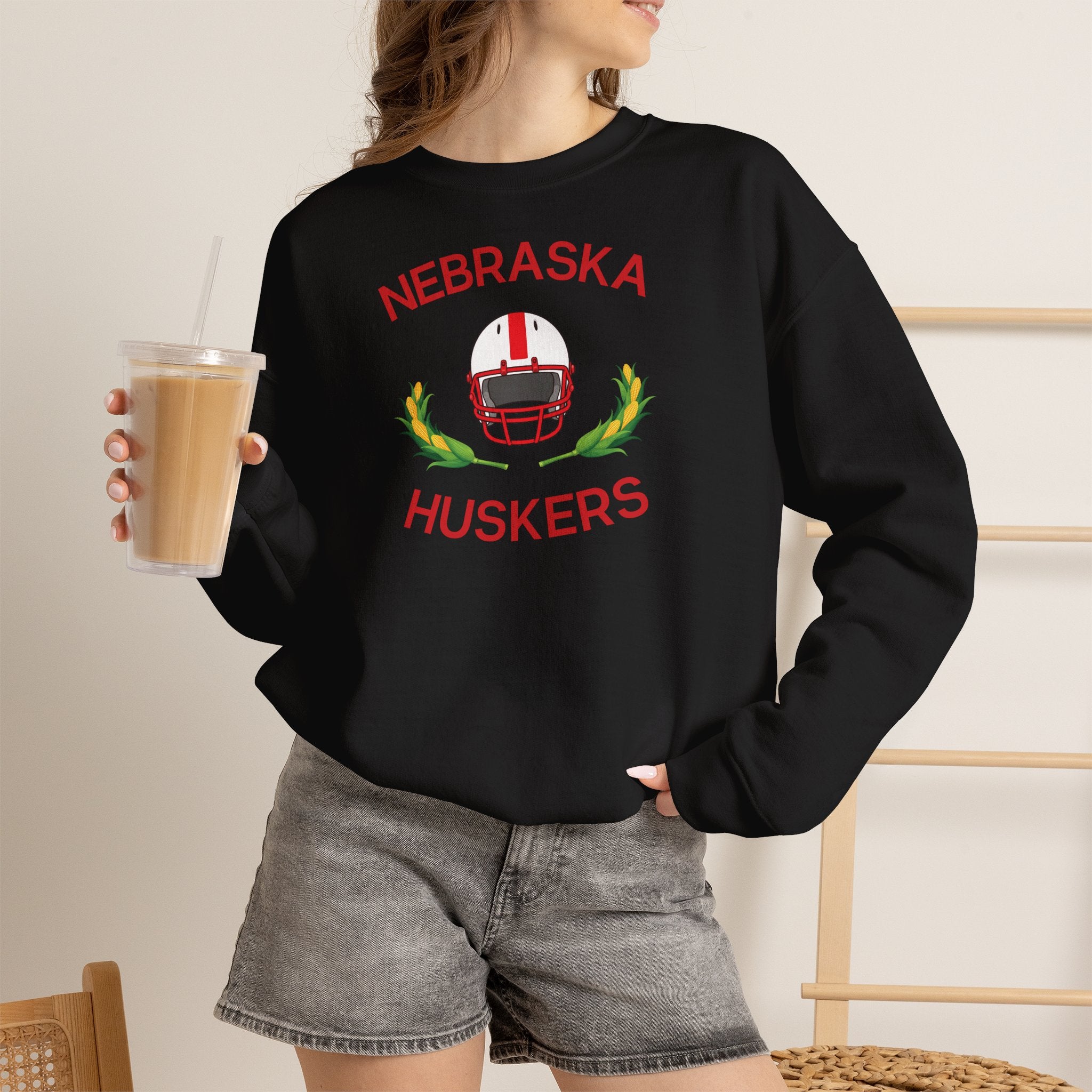 Nebraska Huskers Football Crewneck Sweatshirt – Helmet & Corn Design