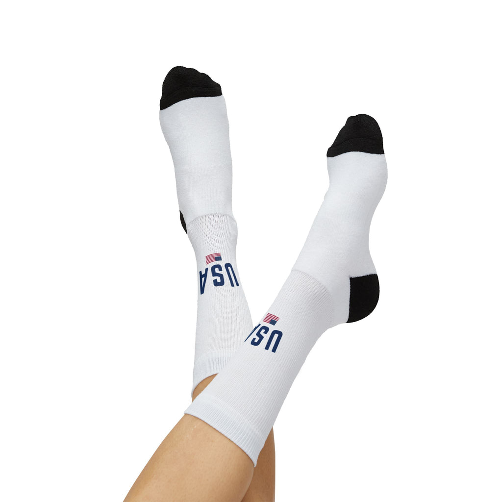 USA Flag Crew Socks | Patriotic Sublimation Socks with "USA" Text