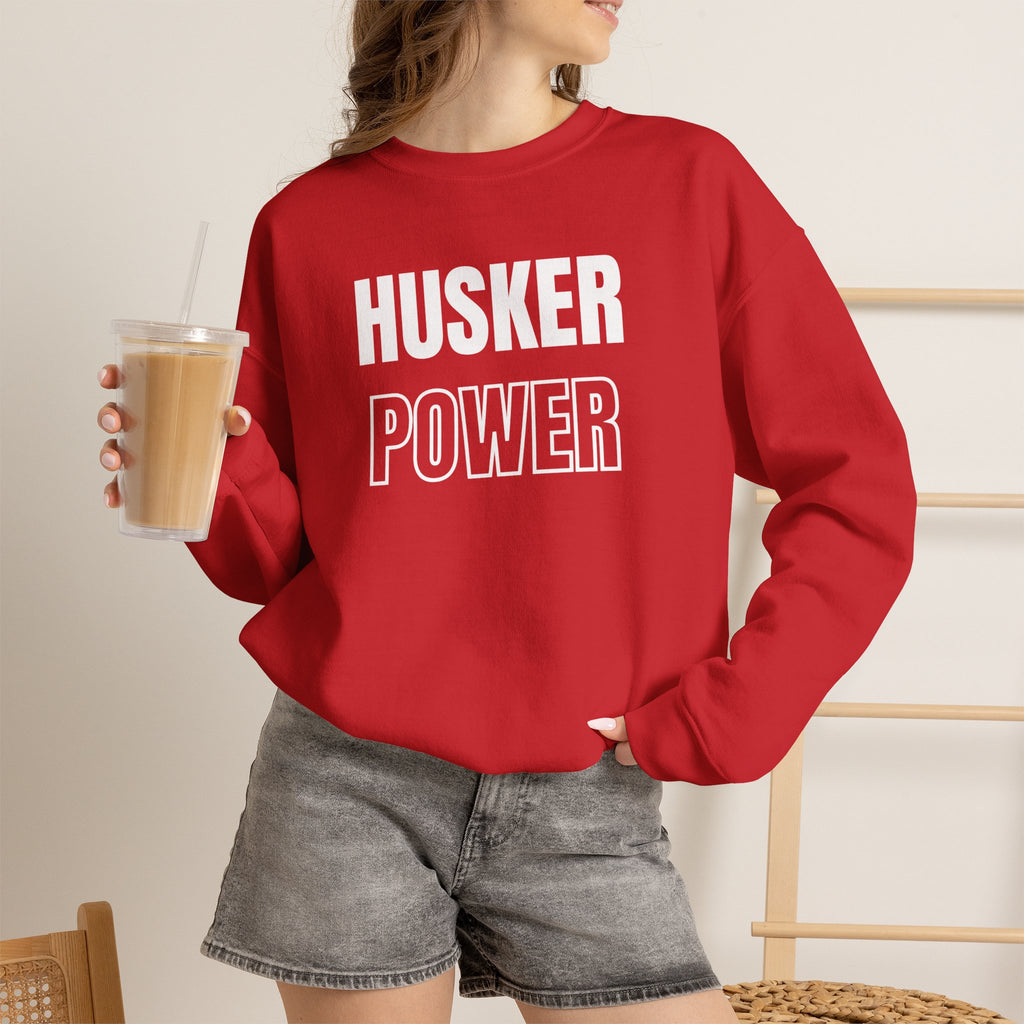 Crewneck Sweatshirt — "HUSKER POWER" Bold Red College Football Fan Pullover