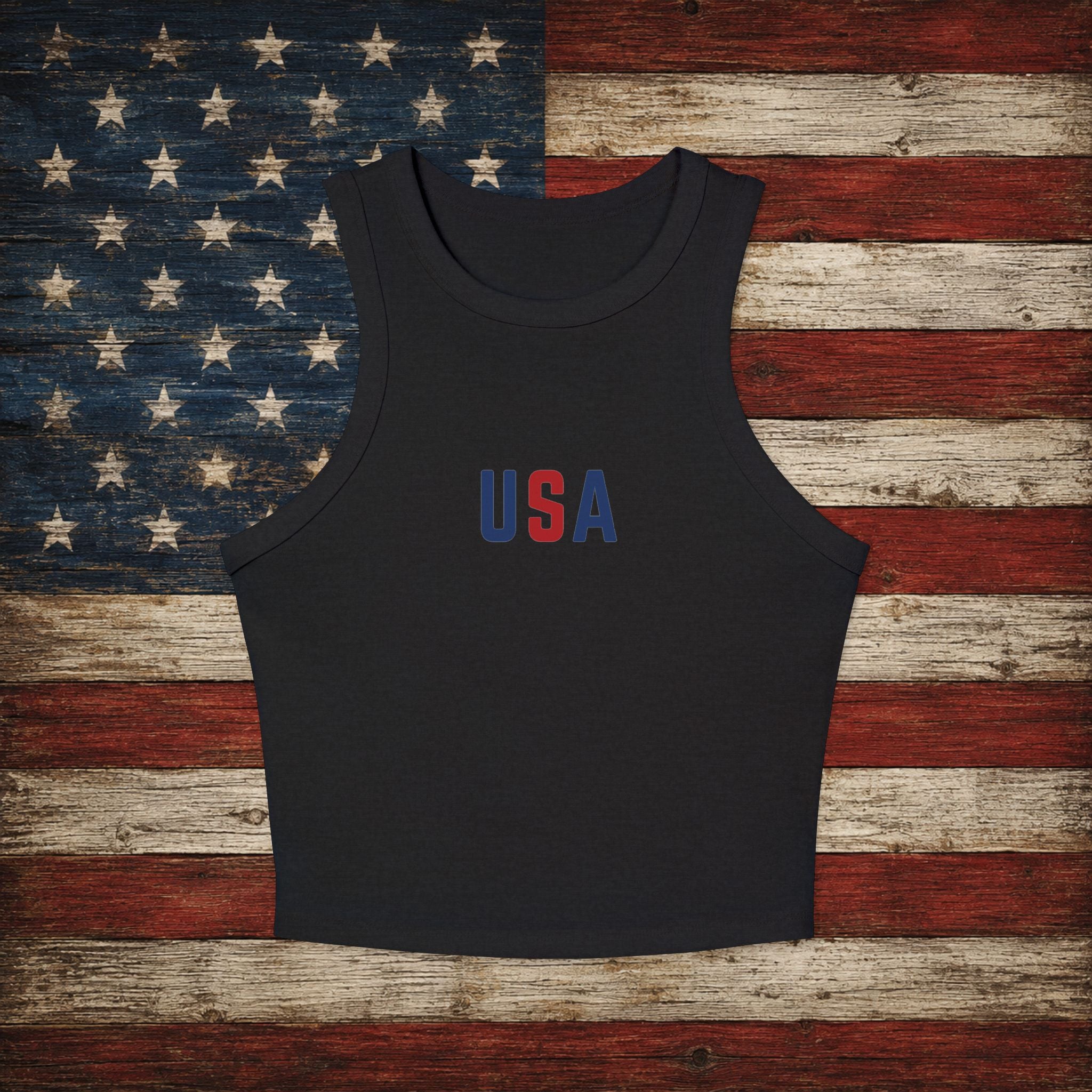 USA Racerback Tank Top — Women's Patriotic Micro Rib Crop