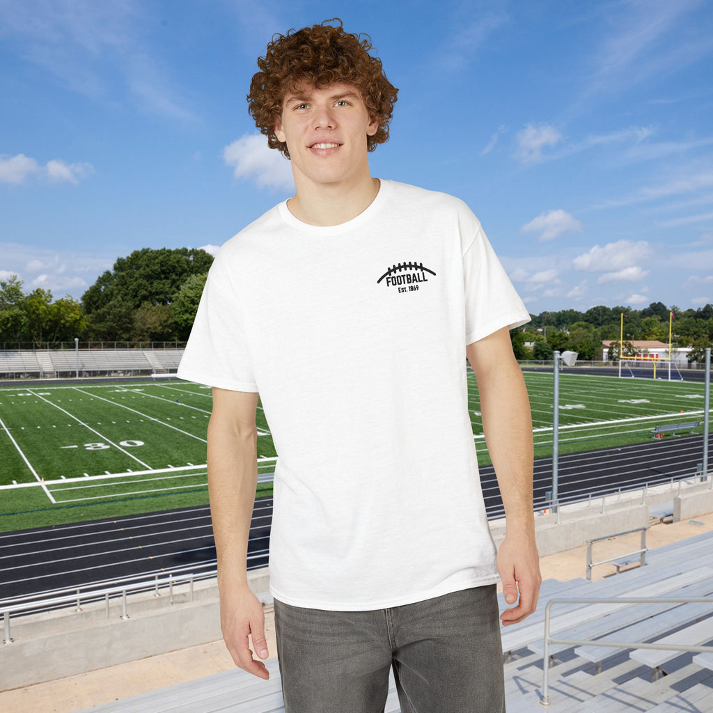 Football Icons Graphic T-Shirt — Back Collage, Front 'Football Fan' Chest Logo