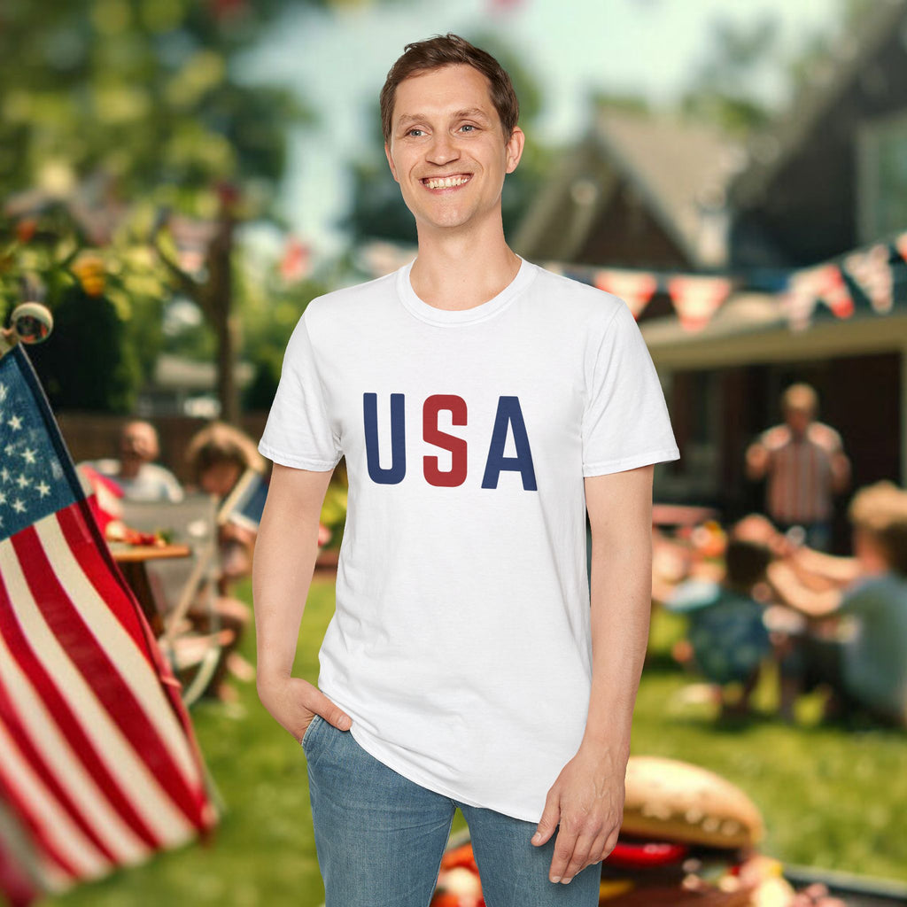 USA Flag Retro T-Shirt — Patriotic Red & Blue Crew Tee for 4th of July