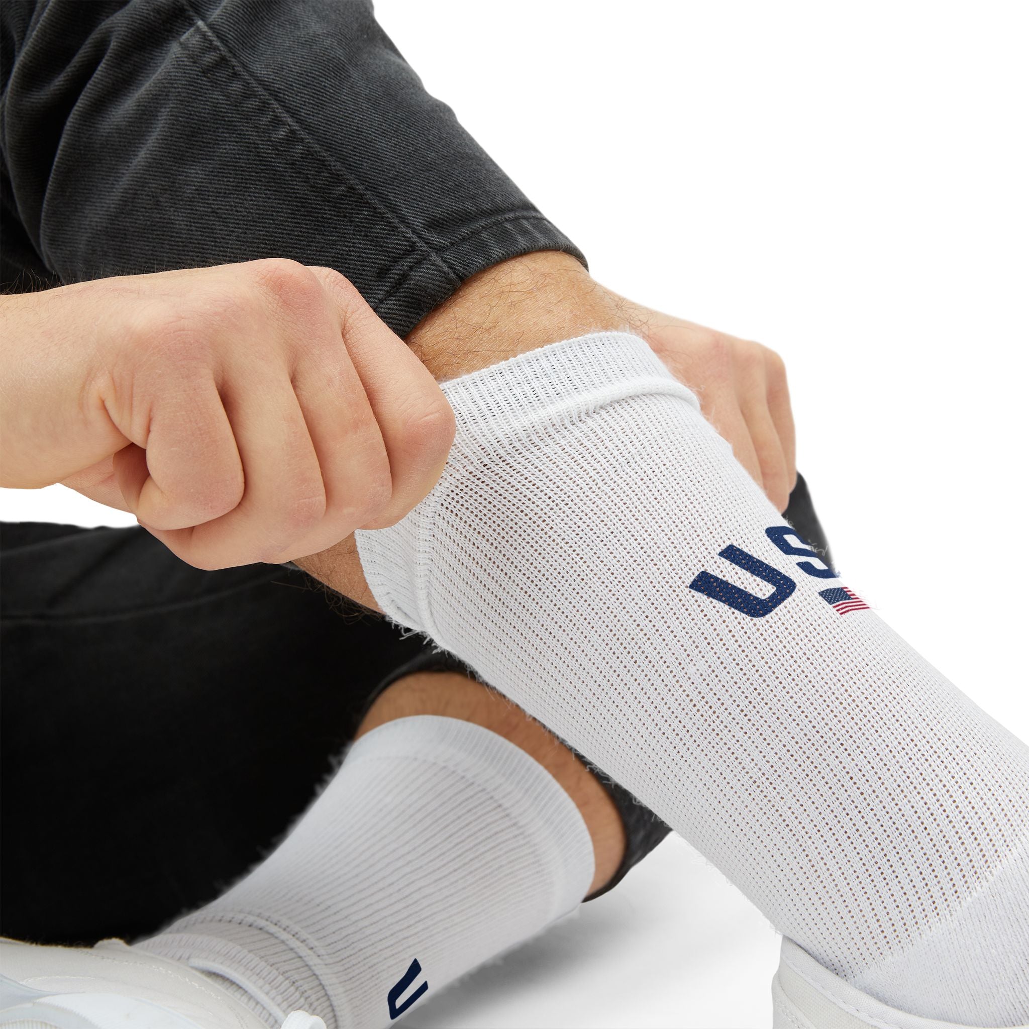 USA Flag Crew Socks | Patriotic Sublimation Socks with "USA" Text