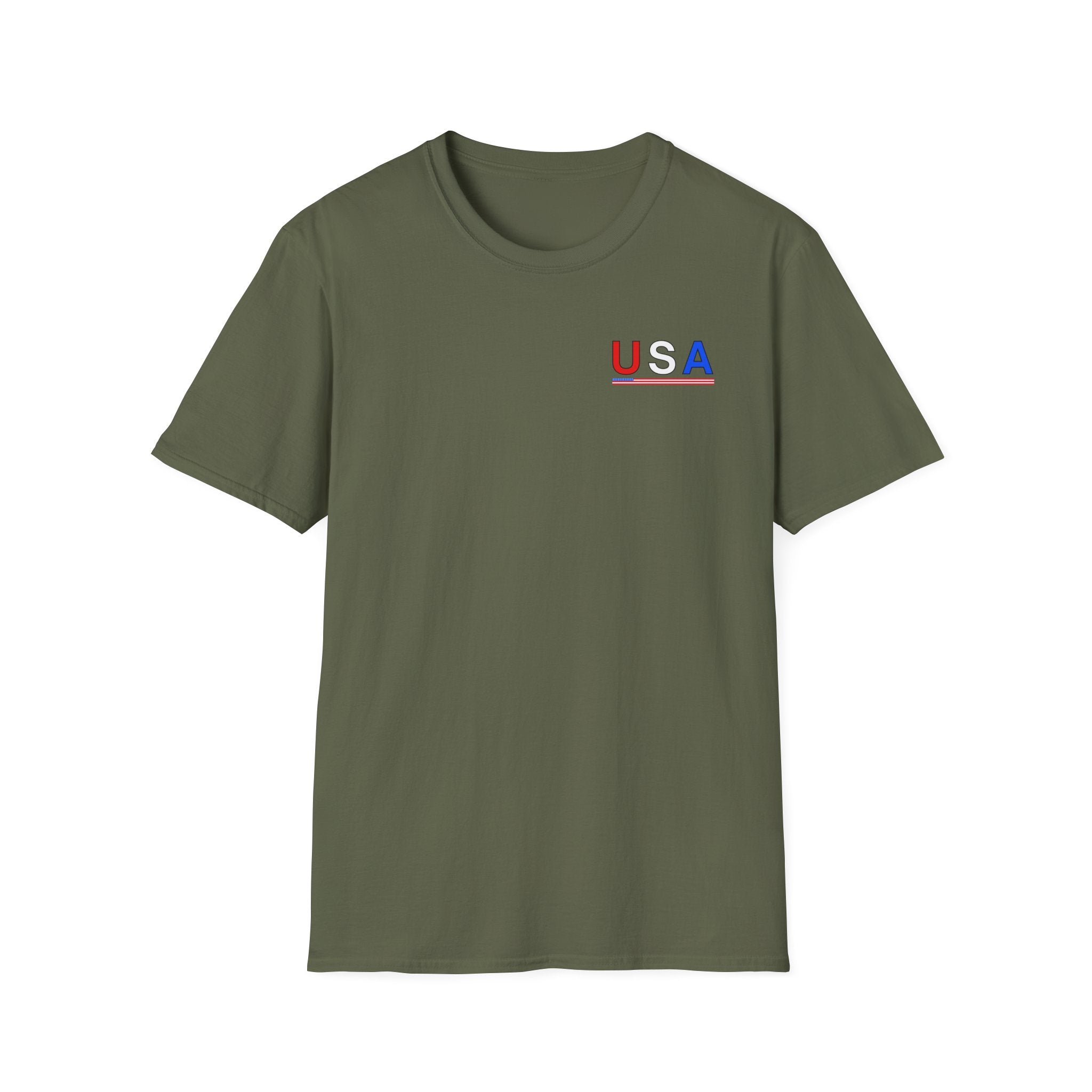USA Minimalist Flag T-Shirt — Small Chest Logo, Patriotic 4th of July Tee