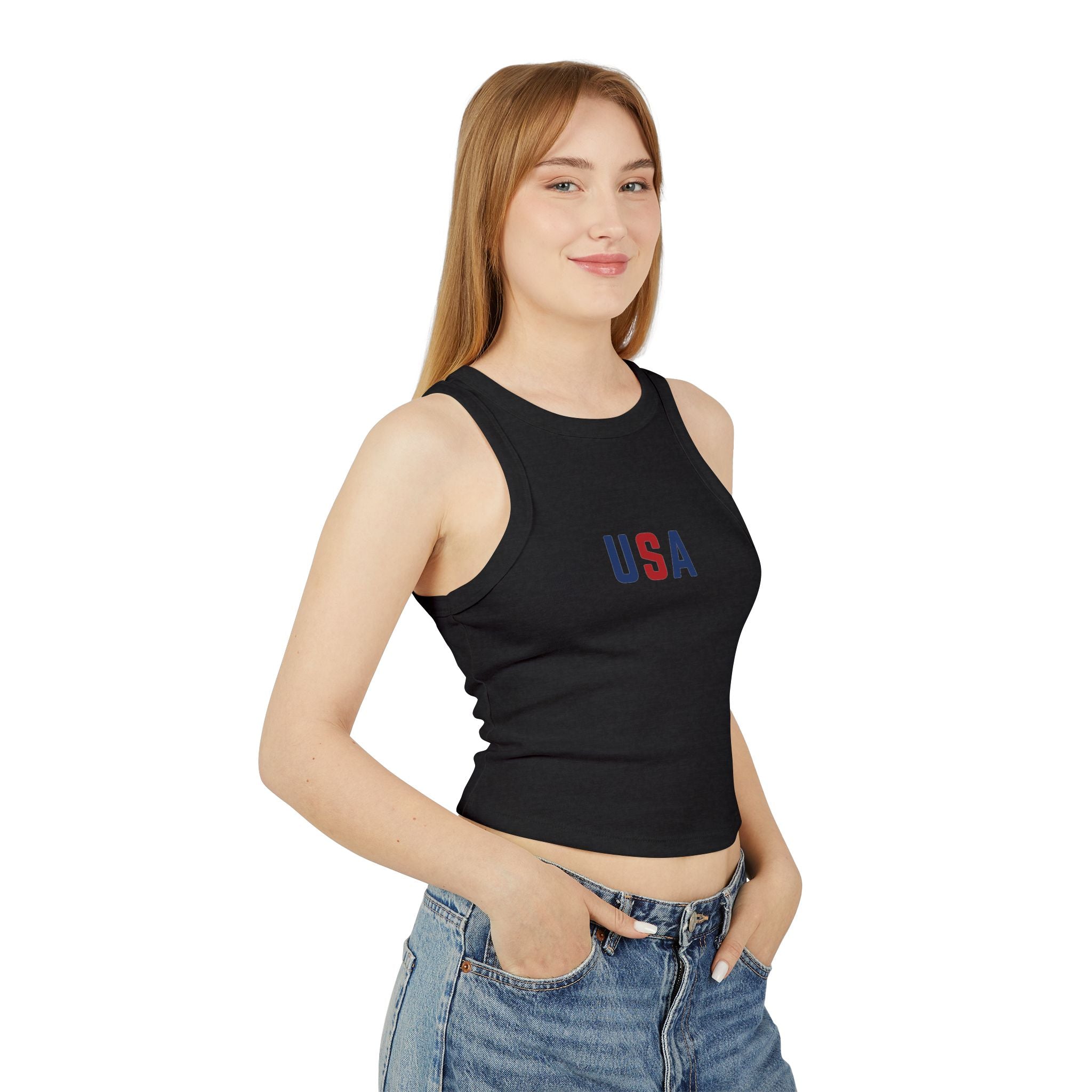 USA Racerback Tank Top — Women's Patriotic Micro Rib Crop