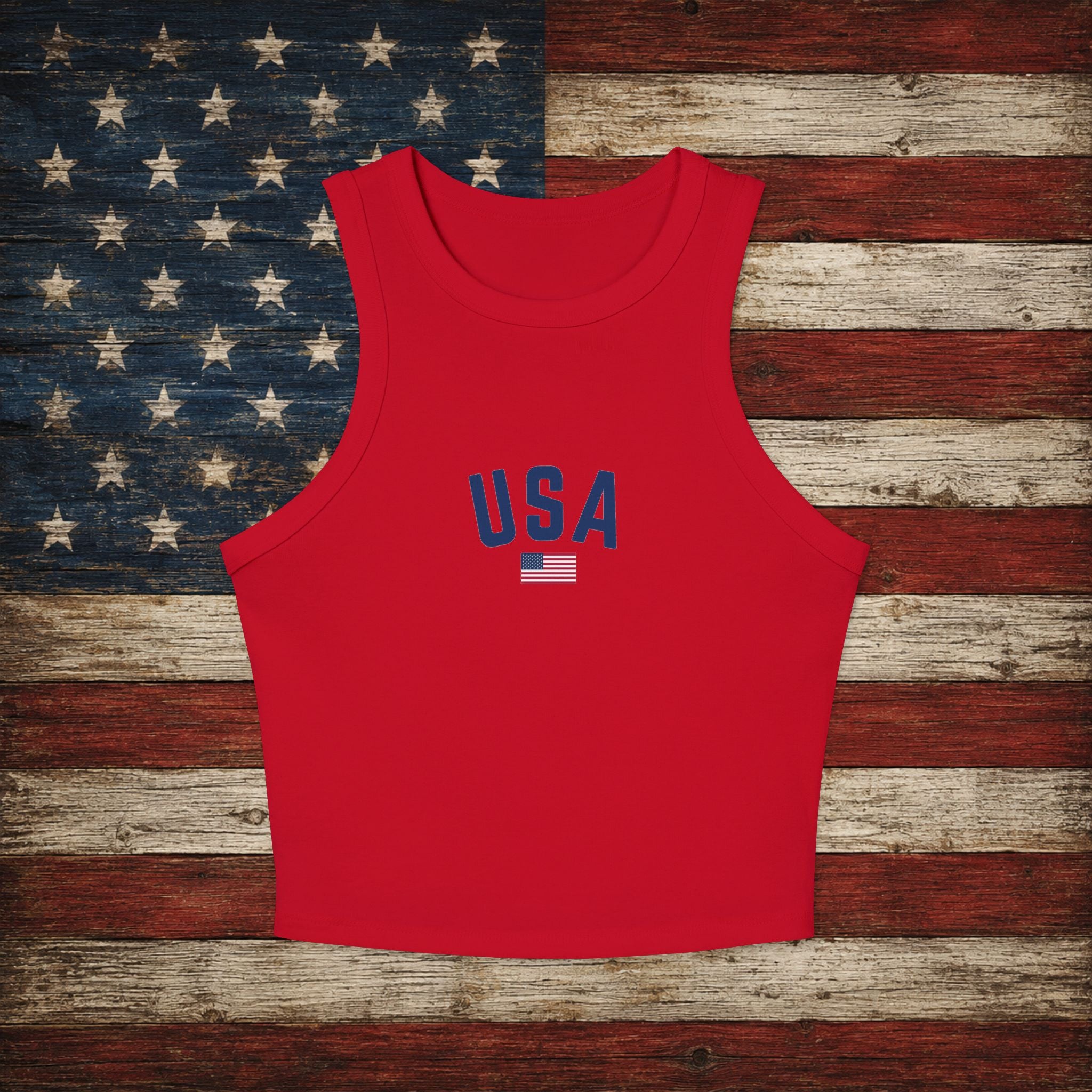 USA Flag Racer Tank Top — Patriotic Women’s Crop Tank for 4th of July