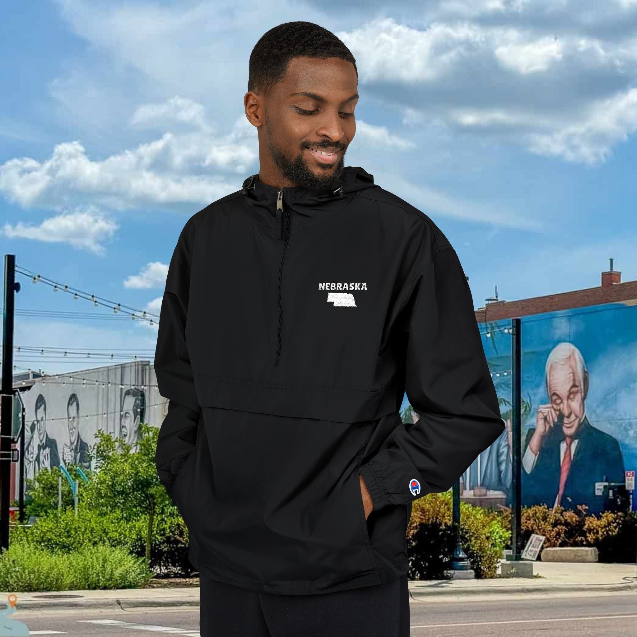 Nebraska Outline Packable Anorak Jacket — Minimal White Logo Windbreaker
