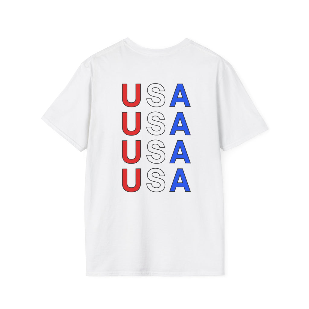 USA Minimalist Flag T-Shirt — Small Chest Logo, Patriotic 4th of July Tee