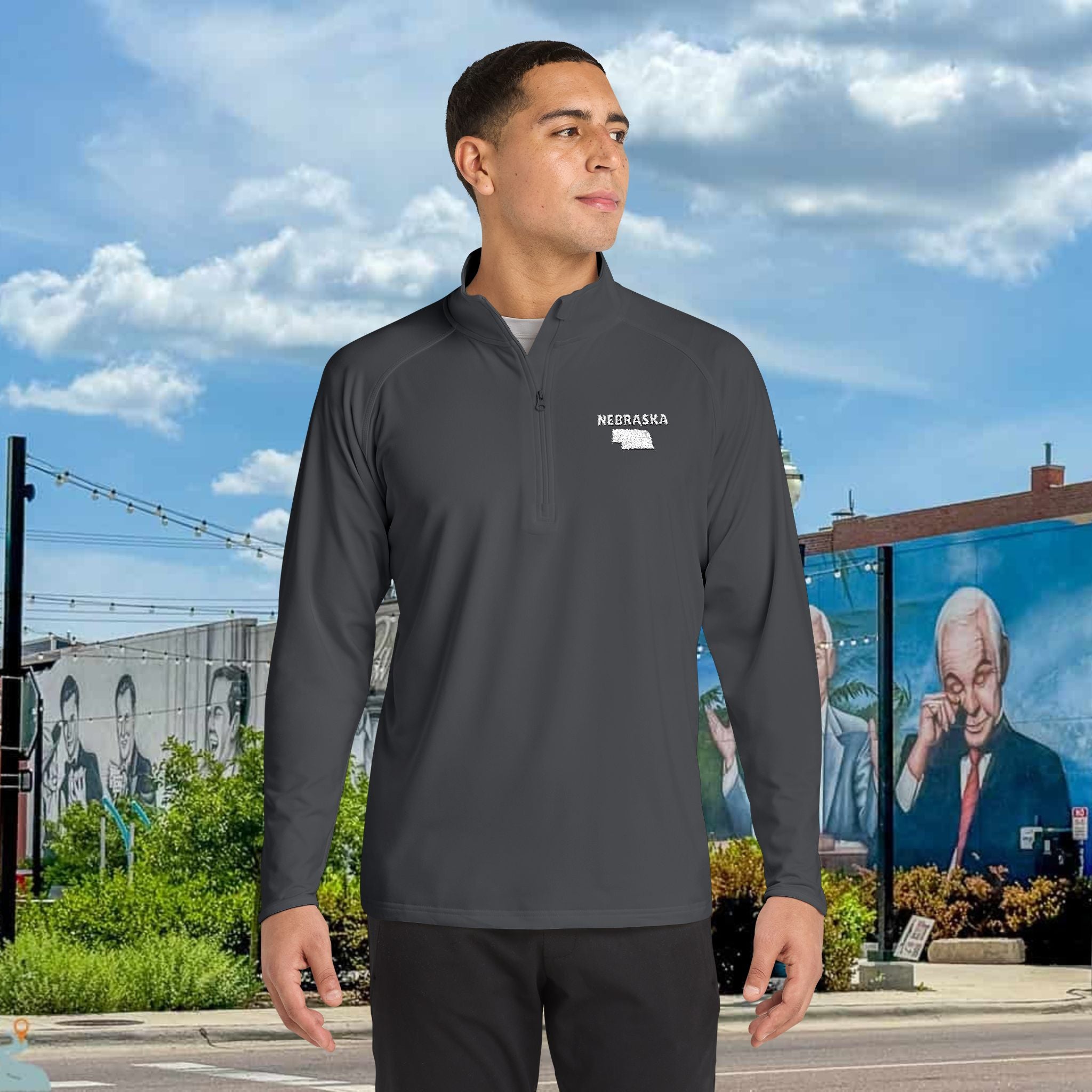 Nebraska State Outline Embroidered Quarter-Zip Pullover - Men's Sport-Wick