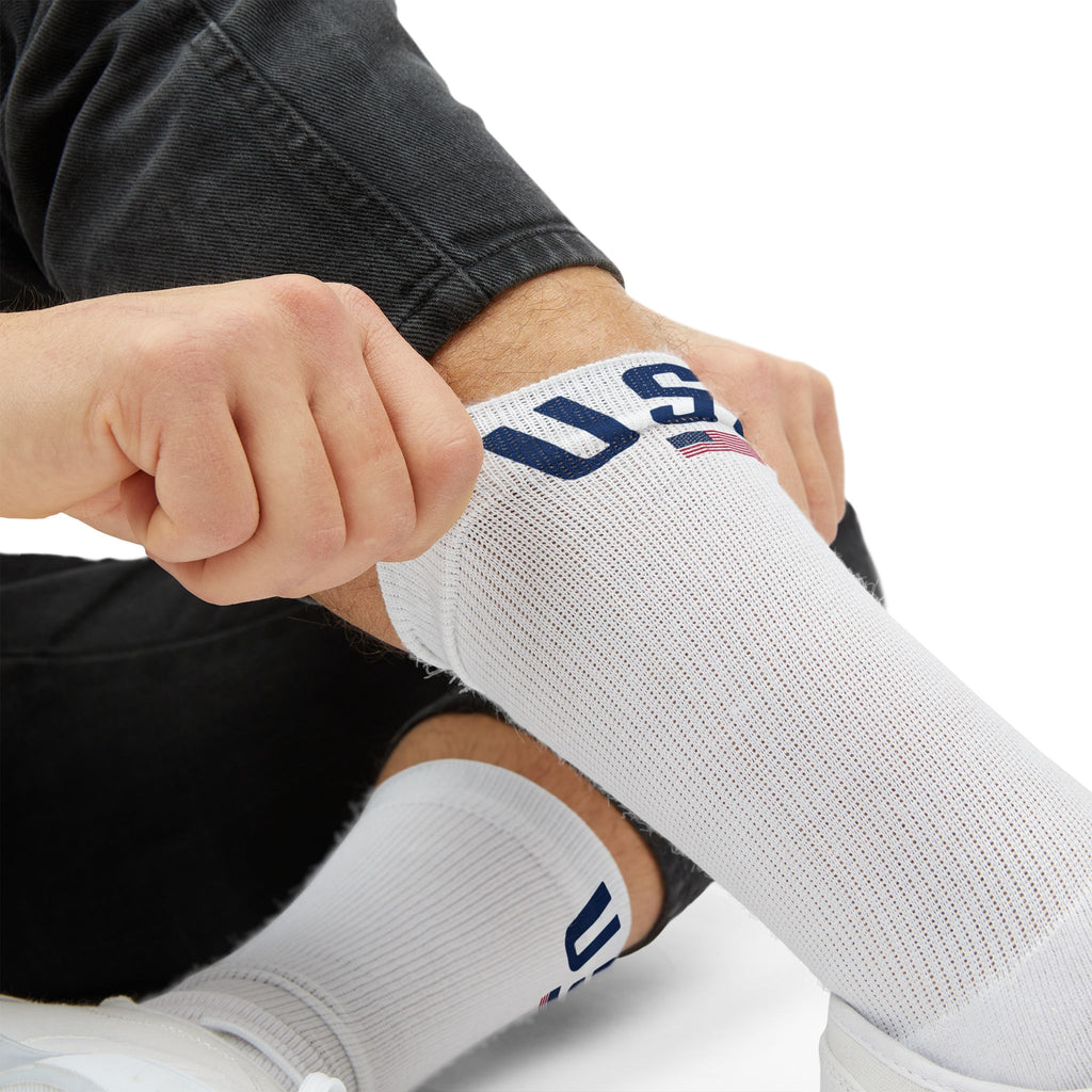 USA Flag Crew Socks | Patriotic Sublimation Socks with "USA" Text