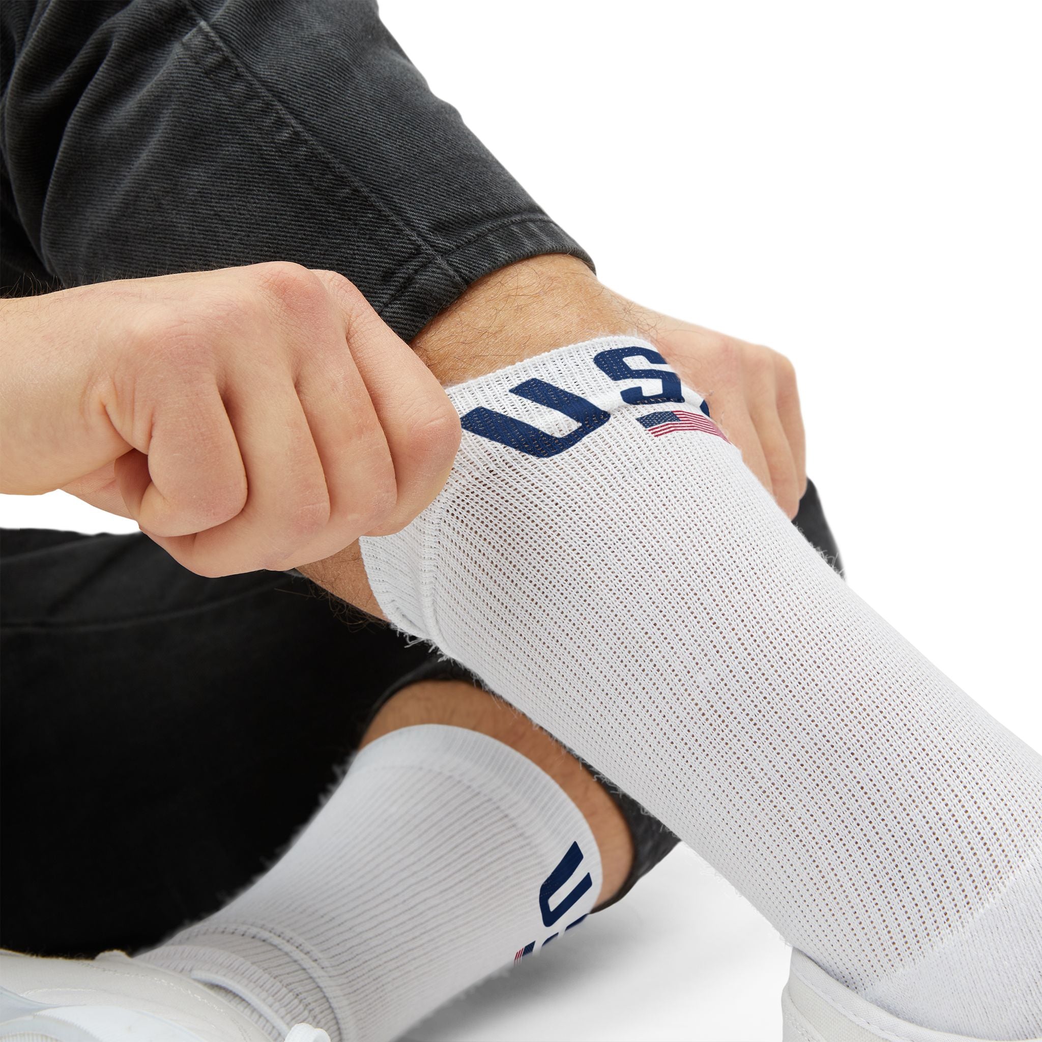 USA Flag Crew Socks | Patriotic Sublimation Socks with "USA" Text