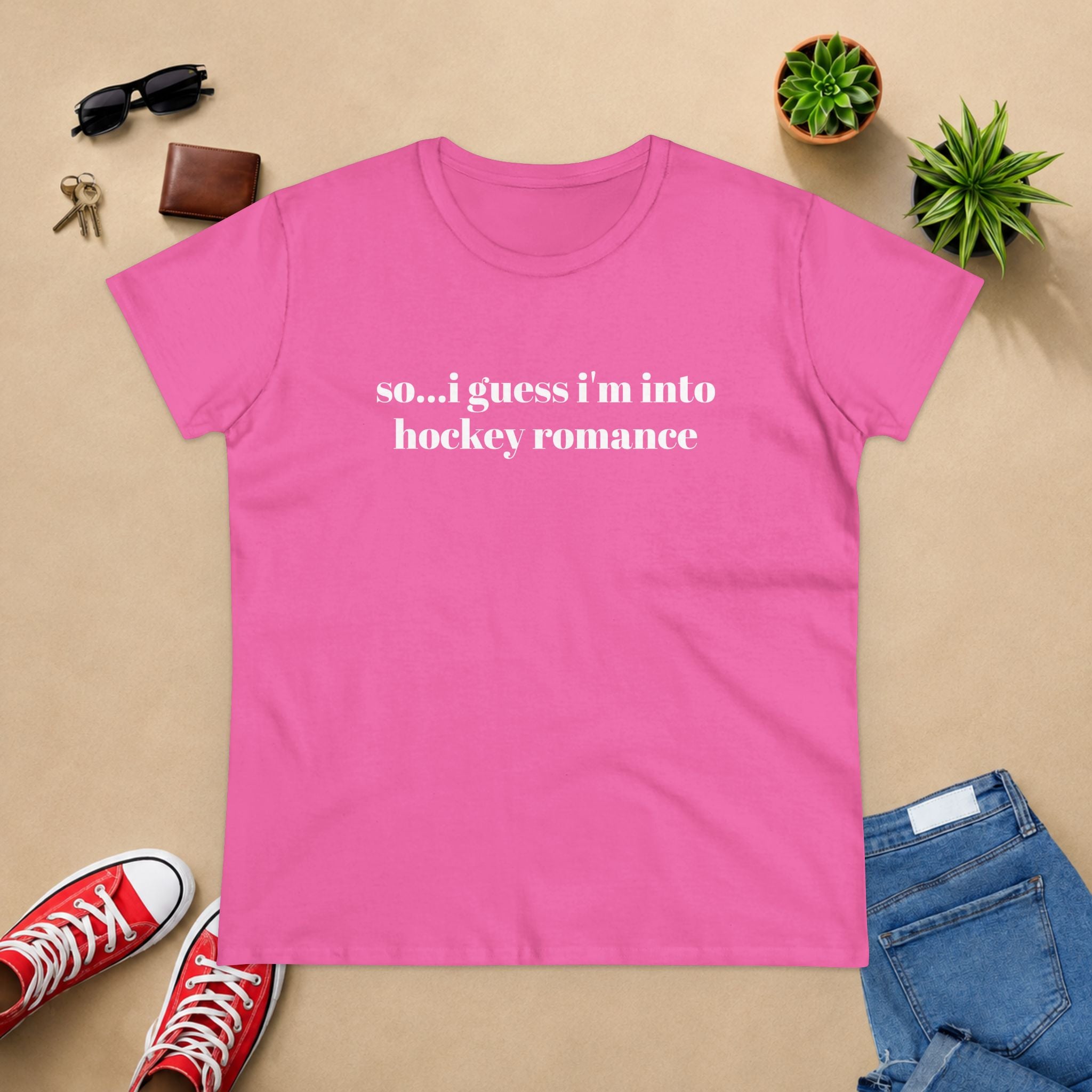 Women's Tee — "so... i guess i'm into hockey romance" Funny Hockey Fan Shirt